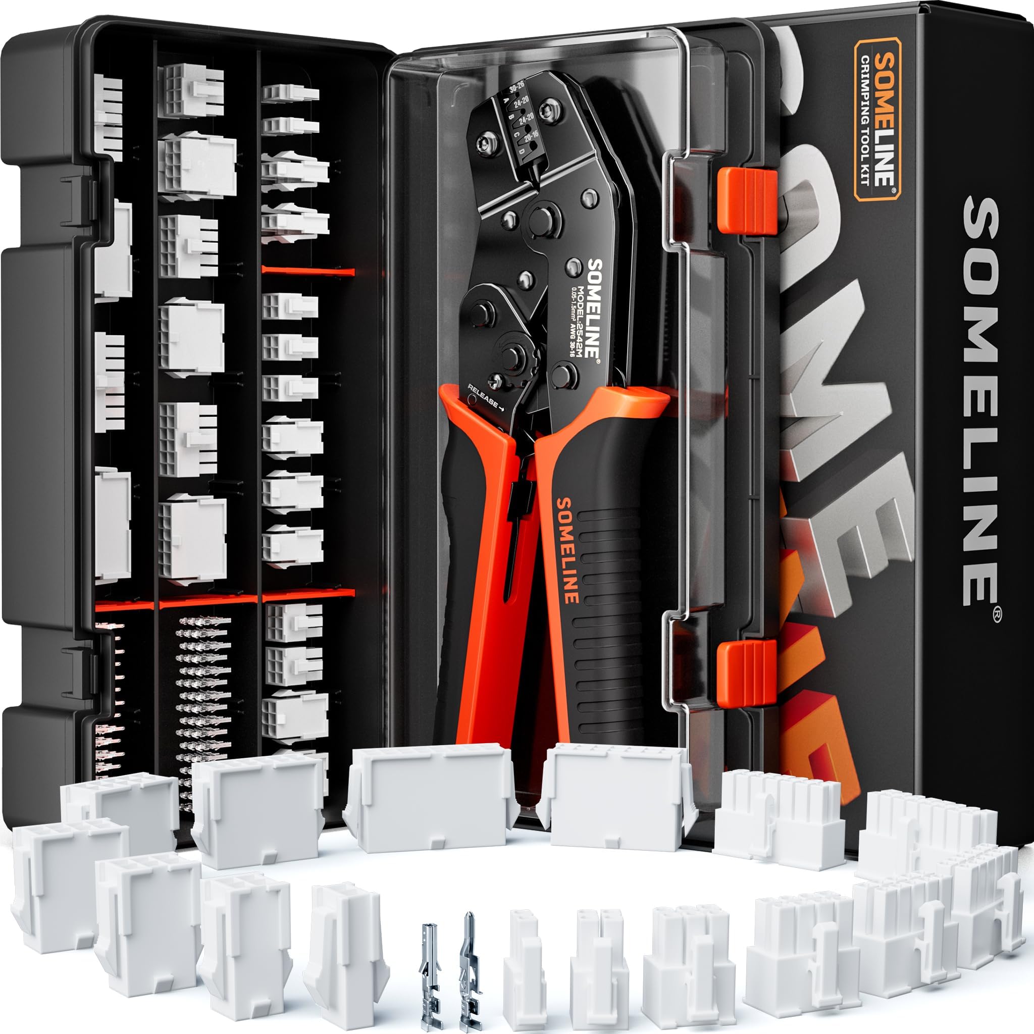 SOMELINE Mini-Fit Jr Connector Crimping Tool Kit, 18 Types 2-16 Pin 4.2mm Connectors with 24-16 AWG Terminals, Ratcheting Crimper, Compatible with Molex, for PC ATX EPS Power, 3D Printer & DIY