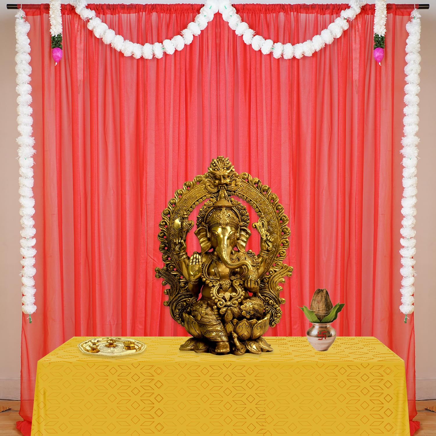 SpecialYou Ganpati Decoration Items for Home with Red Curtains (7 * 3.5ft), White Marigold & Lotus Bud Hanging for Ganesh Chaturthi Decoration Items, varalakshmi Pooja Decoration Items -11 pcs