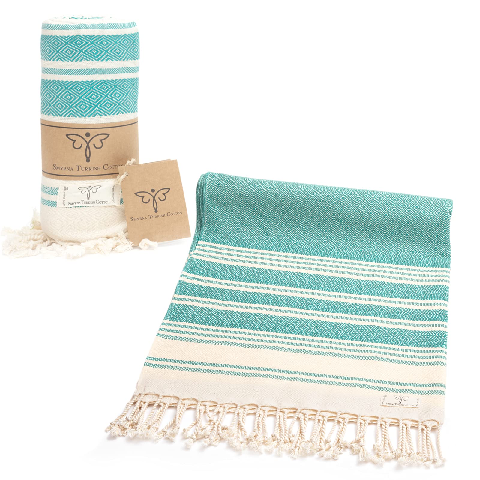 SMYRNA TURKISH COTTONMediterranean Series Original Turkish Beach Towel | Prewashed, 37 x 71 Inches | Peshtemal and Turkish Bath Towel for SPA, Beach, Pool, Gym and Bathroom, Petrol