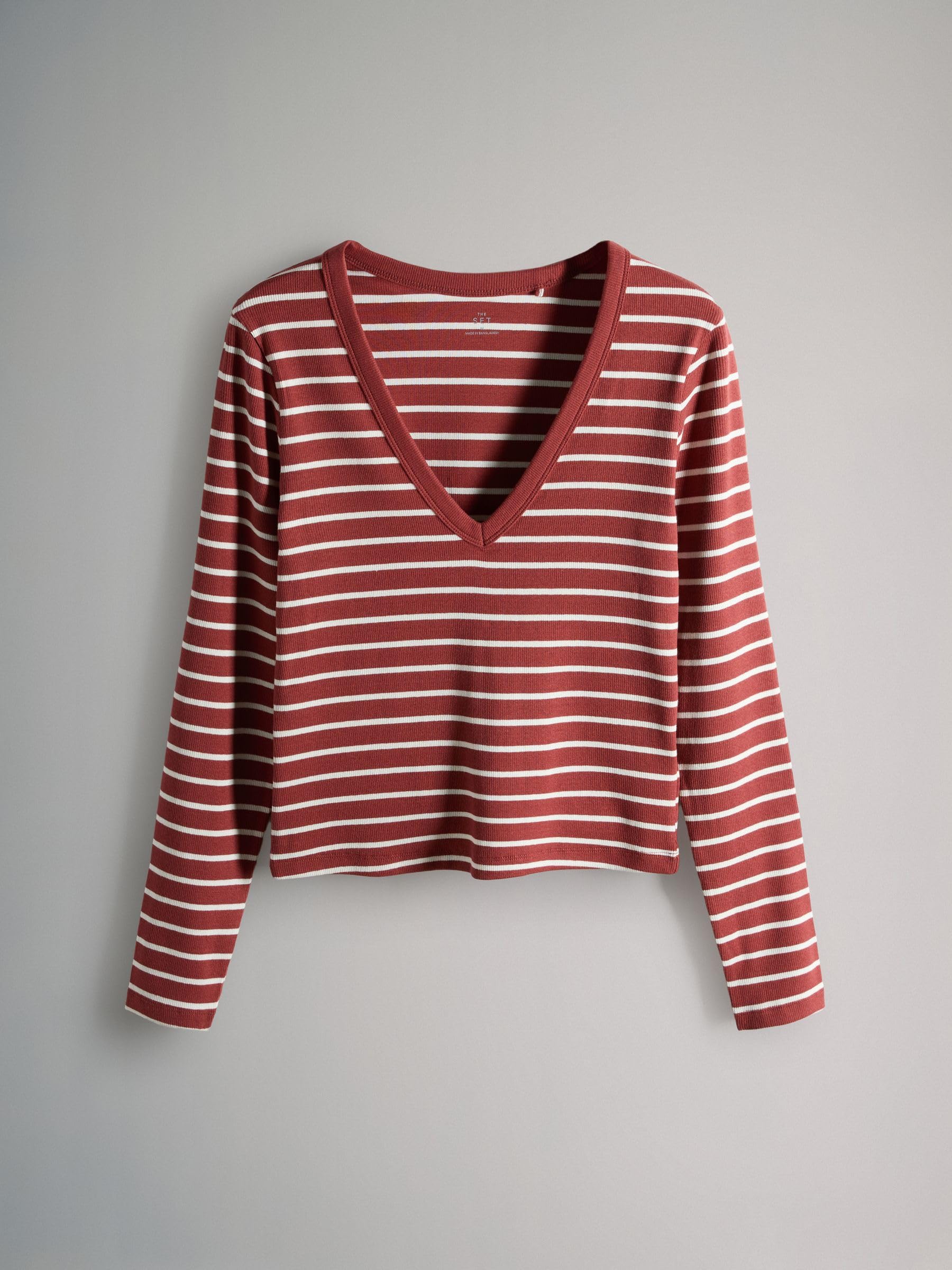 THE SET Femme T-Shirt côtelé à Manches Longues et Encolure en V, Lot de 5 | Coupe standard