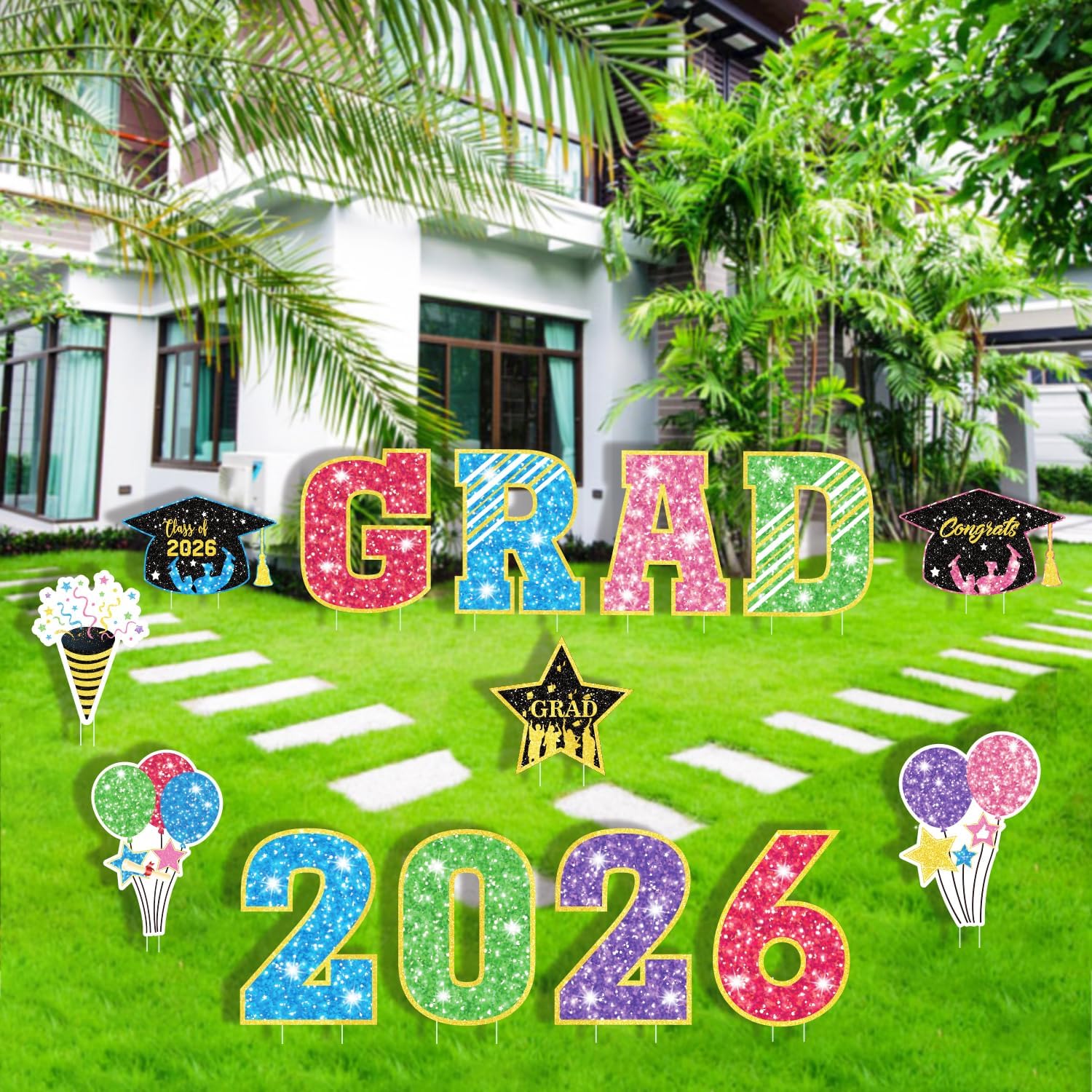 Up to 70", 14PCS Graduation Yard Signs Class of 2026, PP Safe Material Waterproof, Vibrant Fade-Resistant Outdoor Graduation Decoration Lawn Signs with Sturdy Stakes for College Senior School Party, Colorful