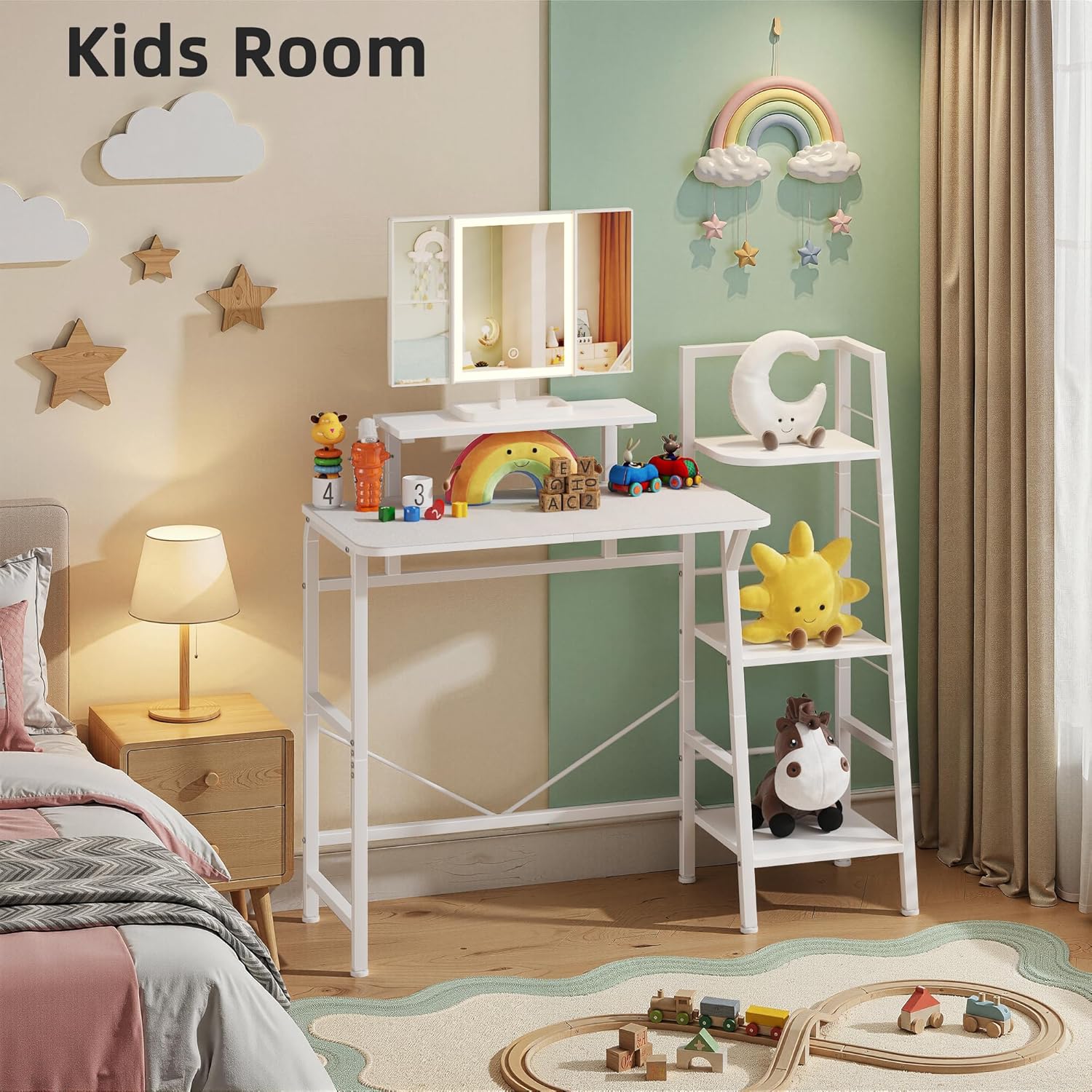 Makeup Vanity Desk with Mirror&Lights and Mat, 33.8''W 3-Tier Storage Shelves, Vanity Table with Stand for Girls Gifts Bedroom, Vertical Storage for Small Spaces, Dorm, Kids Room, White