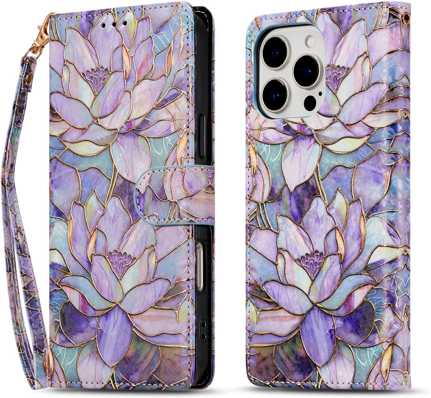 QLTYPRI for iPhone 16 Wallet Case, Premium Leather Magnetic UV-Printed Artwork Flip Case with RFID Blocking Card Slots Kickstand Protective Phone Cover for Women Girls - Purple Lotus