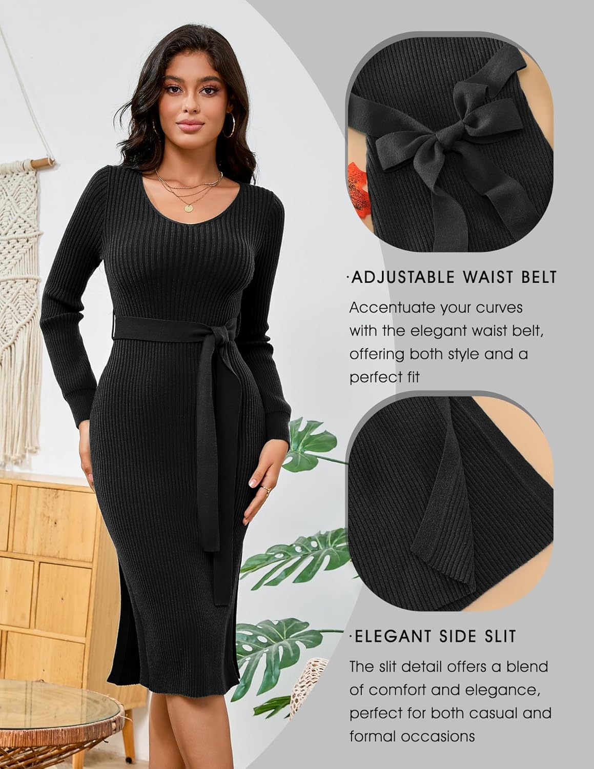 Dressystar Women's Fall Ribbed Knit Sweater Dress CrewNeck Long Sleeve Tie Waist Slim Fit Bodycon Midi Dress - Image 2