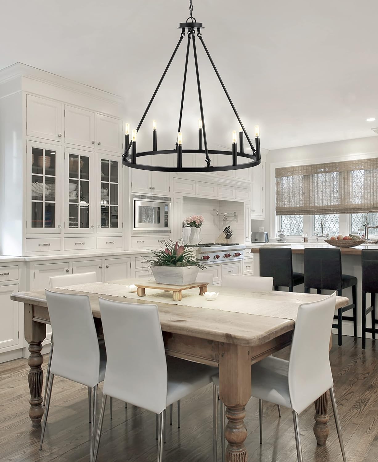 JONATHAN Y 28" Oil Rubbed Bronze 8-Light Wagon Wheel Chandelier, Classic Industrial Iron Ring Pendant for Dining Room, Kitchen, Foyer, Rustic Farmhouse Hanging Light, LED Bulbs Included JYL7496A