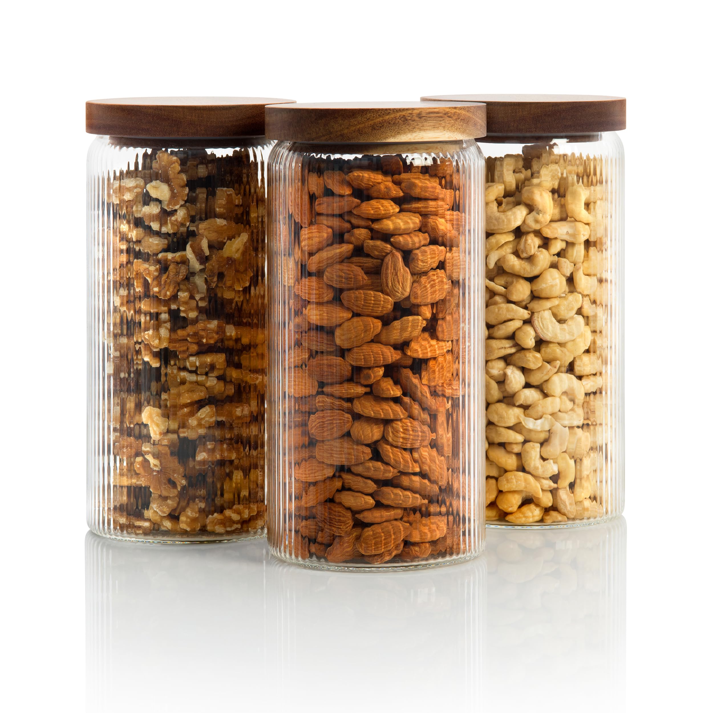 Mason & Fable Ribbed Glass Jar with Wooden Lid 500ml, 800ml, 1.8L| Airtight Glass Storage Canister for Food, Pasta, Coffee, Dog Treats, Snacks | Container for Home & Kitchen (44 fl.oz / 1300ml -3X)