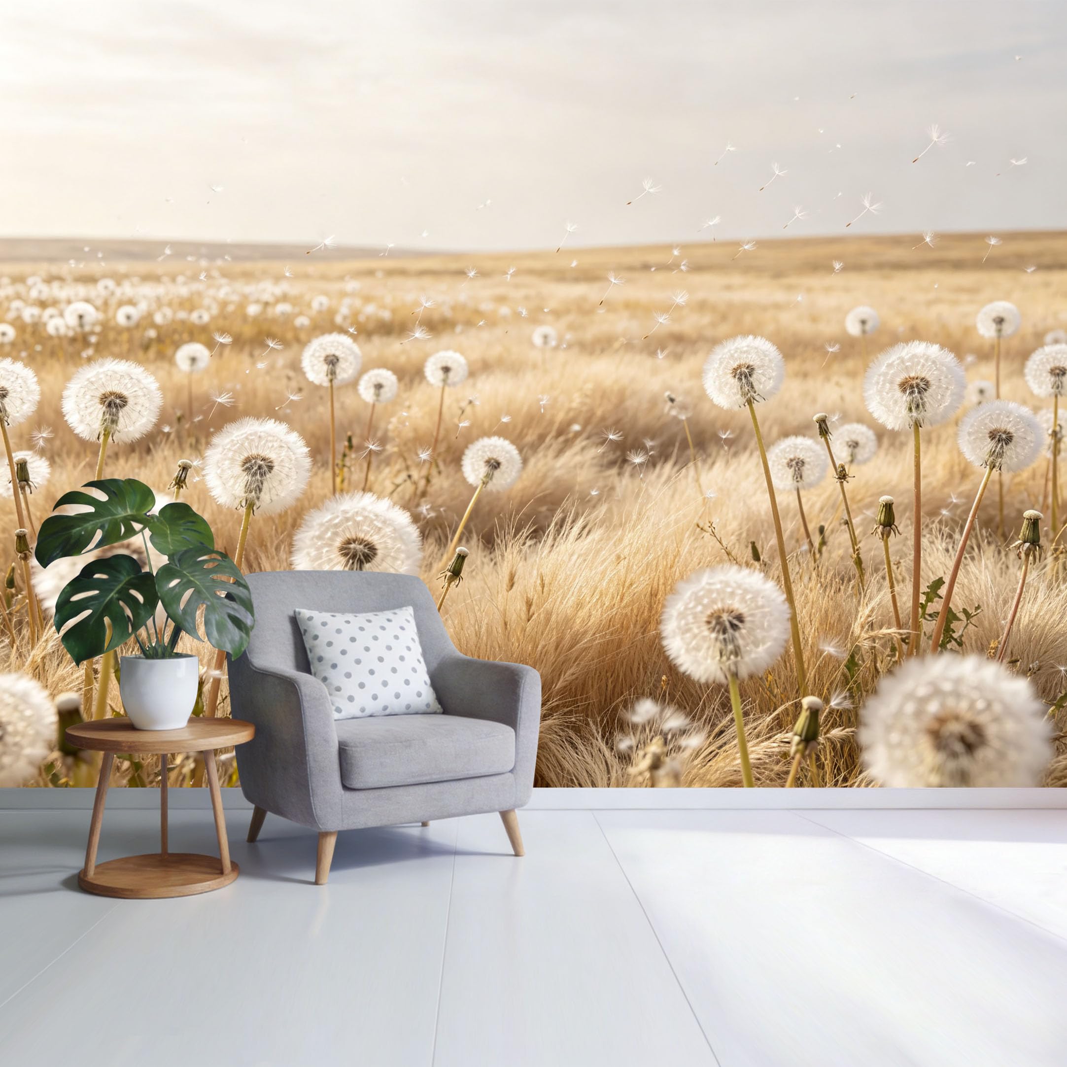 Custom Size Wall Mural Dandelion Field Landscape Golden Meadow Minimalist Nature Scene SelfAdhesive Wall Fabric Removable Wallpaper for Home Office Decor