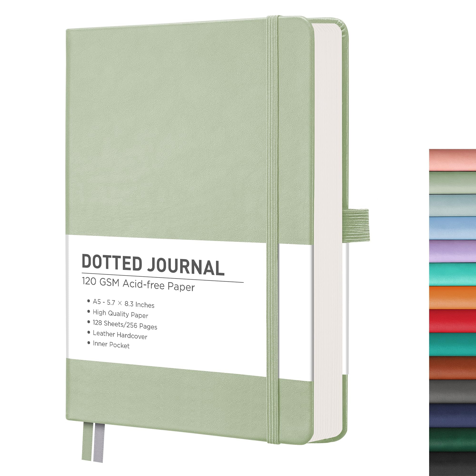 RETTACY Bullet Dotted Journal - A5 Dotted Raster Tagebuch Notizbuch mit 256 Seiten, 120 g/m² säurefreies Papier, Bullet Journaling, Skizzen, Leder Hardcover, Innentasche, 120x20cm