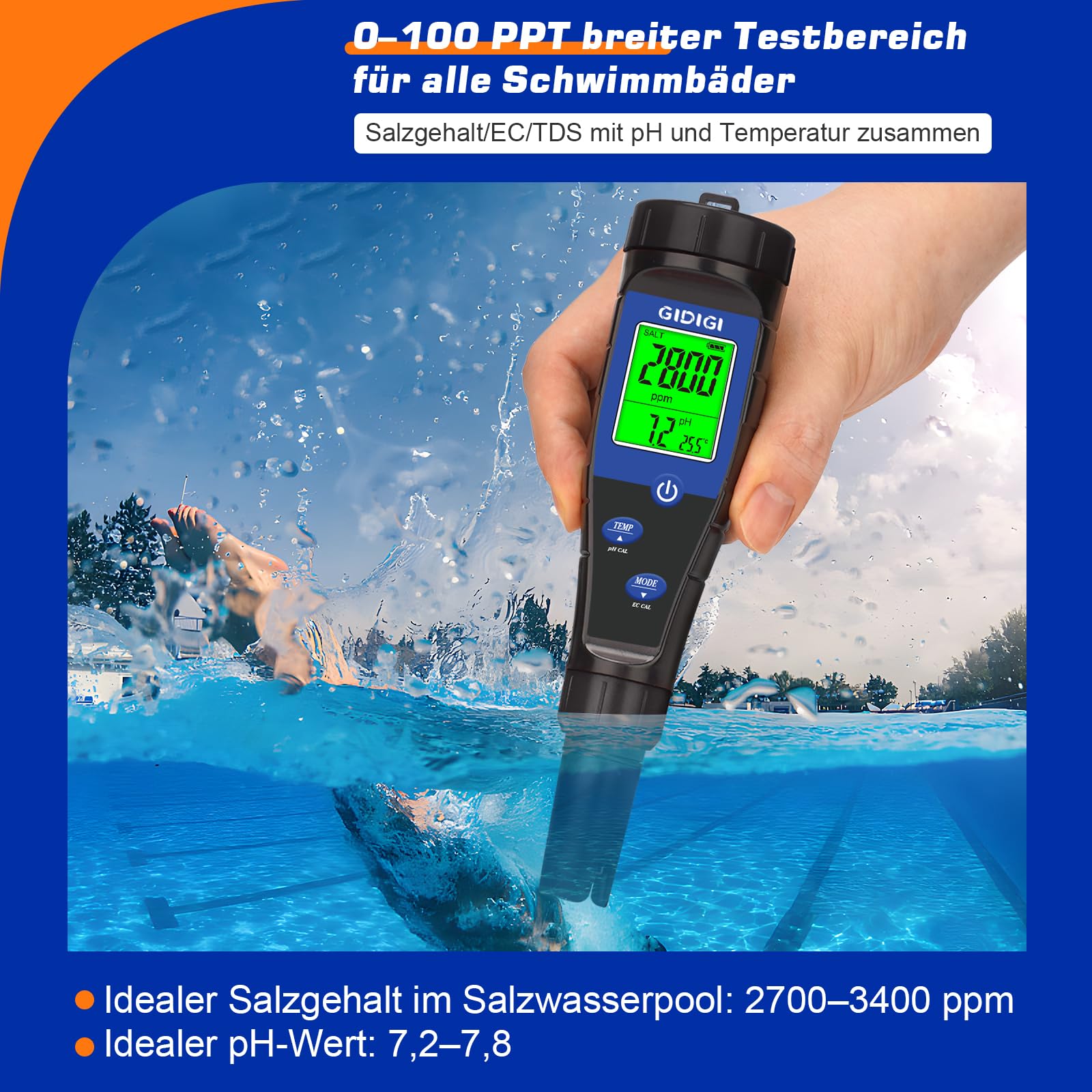 pH Messgerät Salztester für Pool,Digitales 5-in-1 pH TDS EC Salzgehaltmessgerät mit Kalibrierungslösungssatz, pH ppm Meter für Salzwasserpool, Aquarium, Whirlpool, Spa, Hydrokultur, Hausgebräu