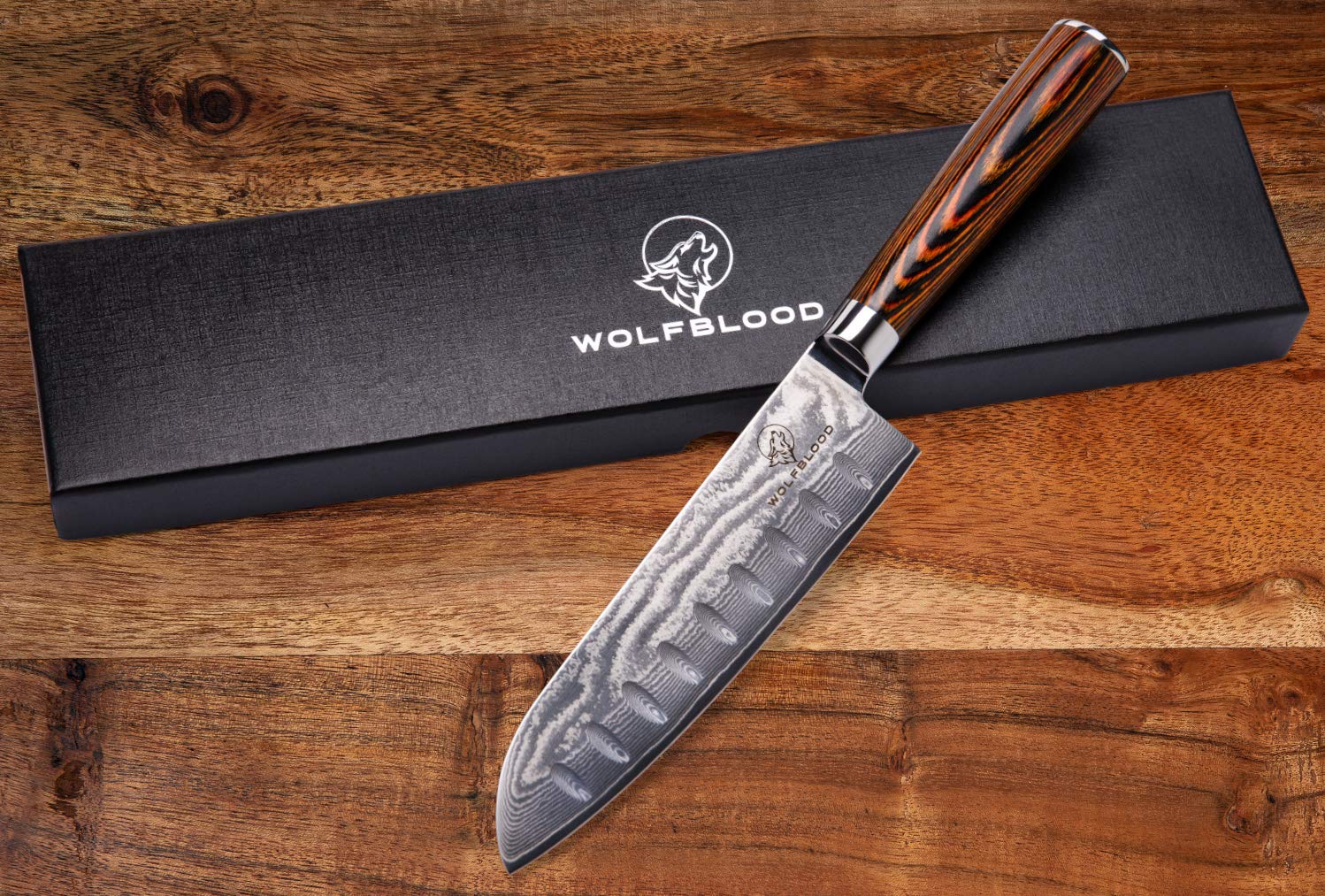Wolfblood Damastmesser Santoku Messer XL (30cm) TÜV geprüfter 62 HRC Damaststahl aus 67 Lagen I Damast-Küchenmesser Santokumesser mit Holzgriff Geschenkbox und Klingenschutz