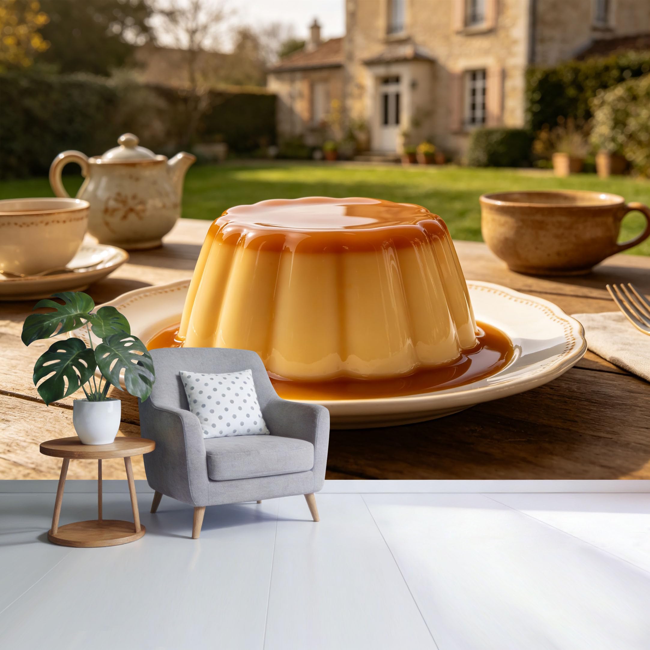 Custom Size Wall Mural Vintage Caramel Pudding Dessert Table Outdoor Garden Scene SelfAdhesive Wall Fabric Removable Wallpaper for Home Office Decor