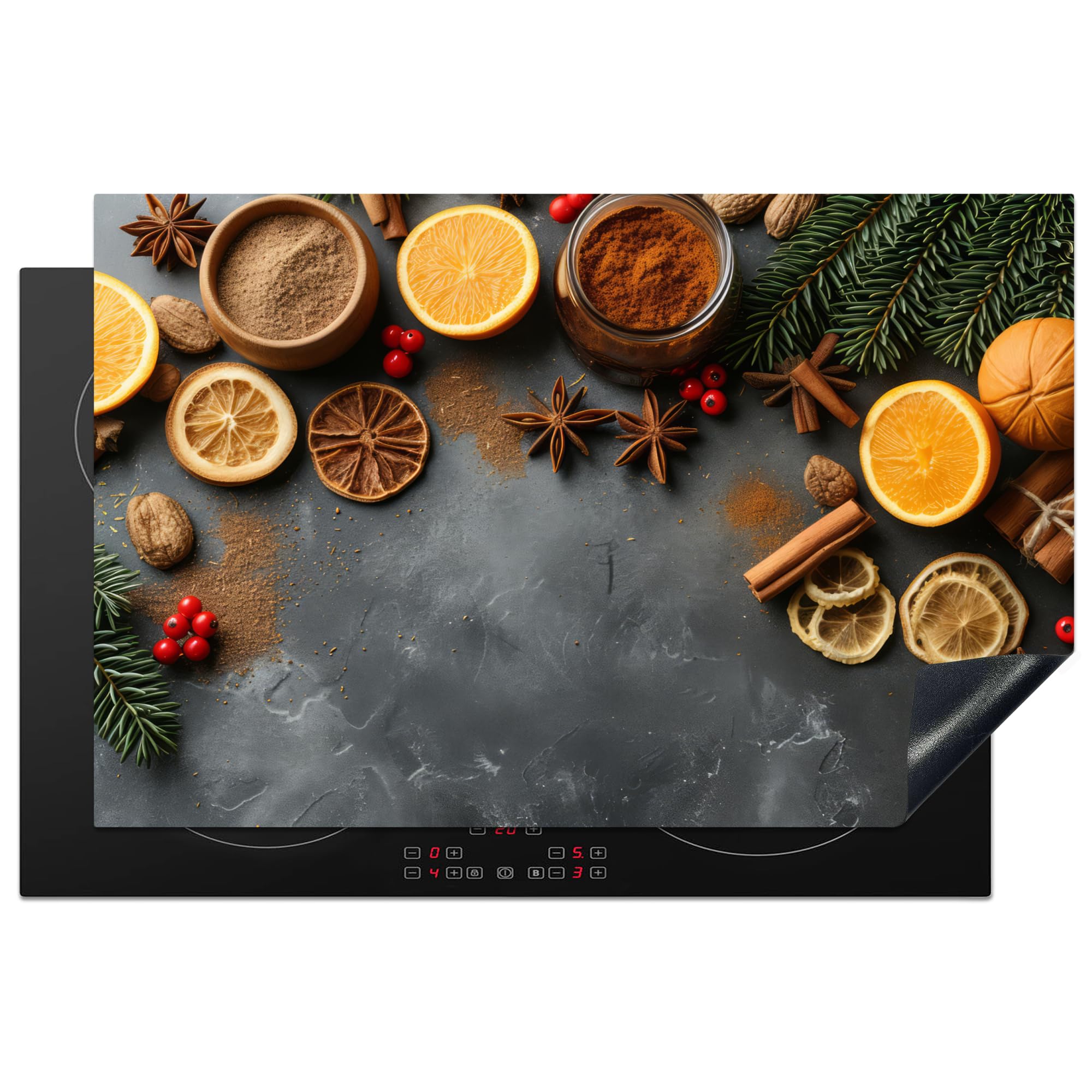 KitchenYeah© Induction Hob Protector Mat 20.8"x32.1" / 81.6x52.7 cm Cooker Top Protectors Cover Ceramic Covers Electric Hobs Vinyl Fruit - Spices - Concrete - Orange