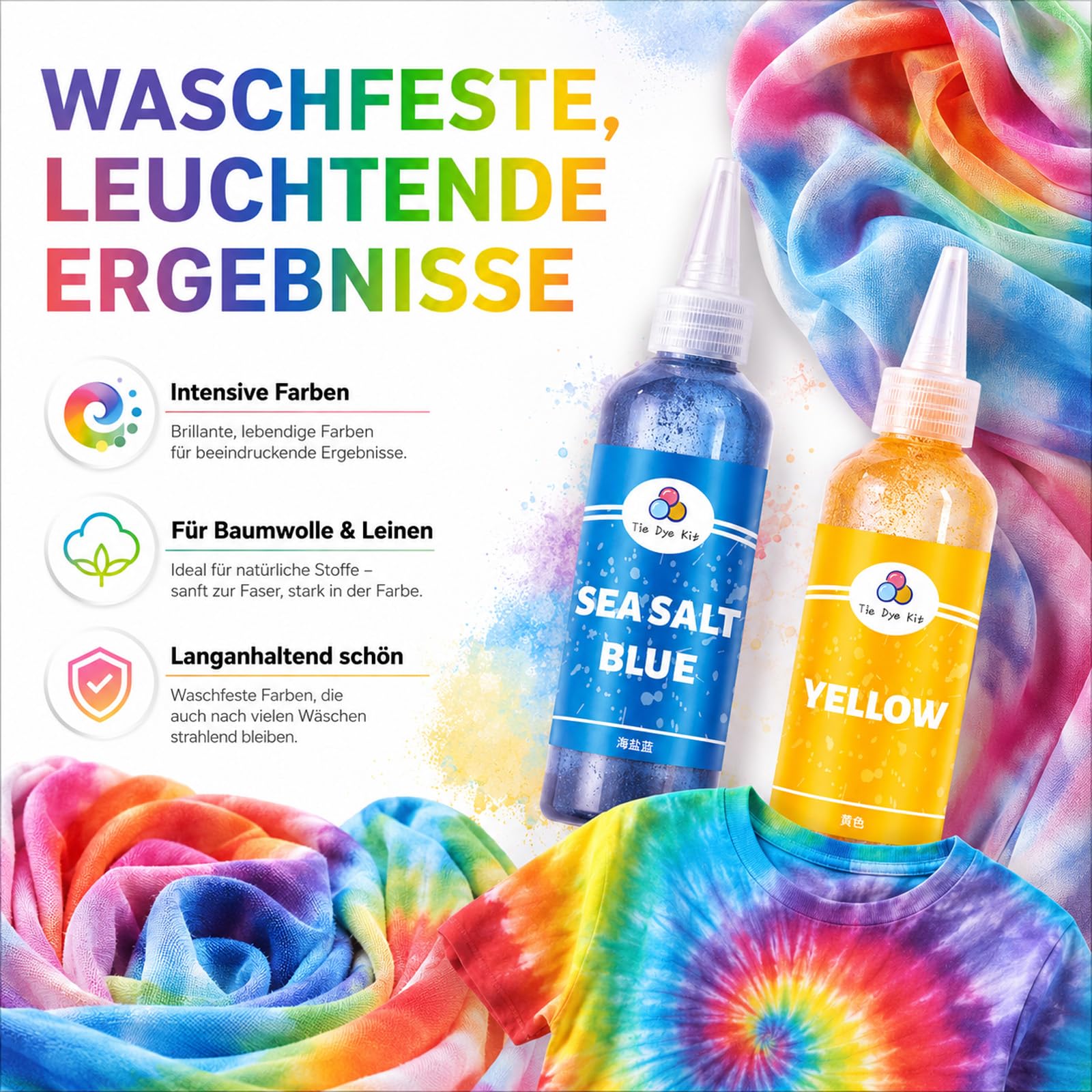 Batikfarben Set 7 Farben, Waschbare Textilfarbe für Kinder, Batikfarben Set Waschfest, Färbemittel für Textilien, Tie Dye Kit, Batik für T-Shirts, Stoffbeutel, DIY Kleidung, Stoffmalfarben