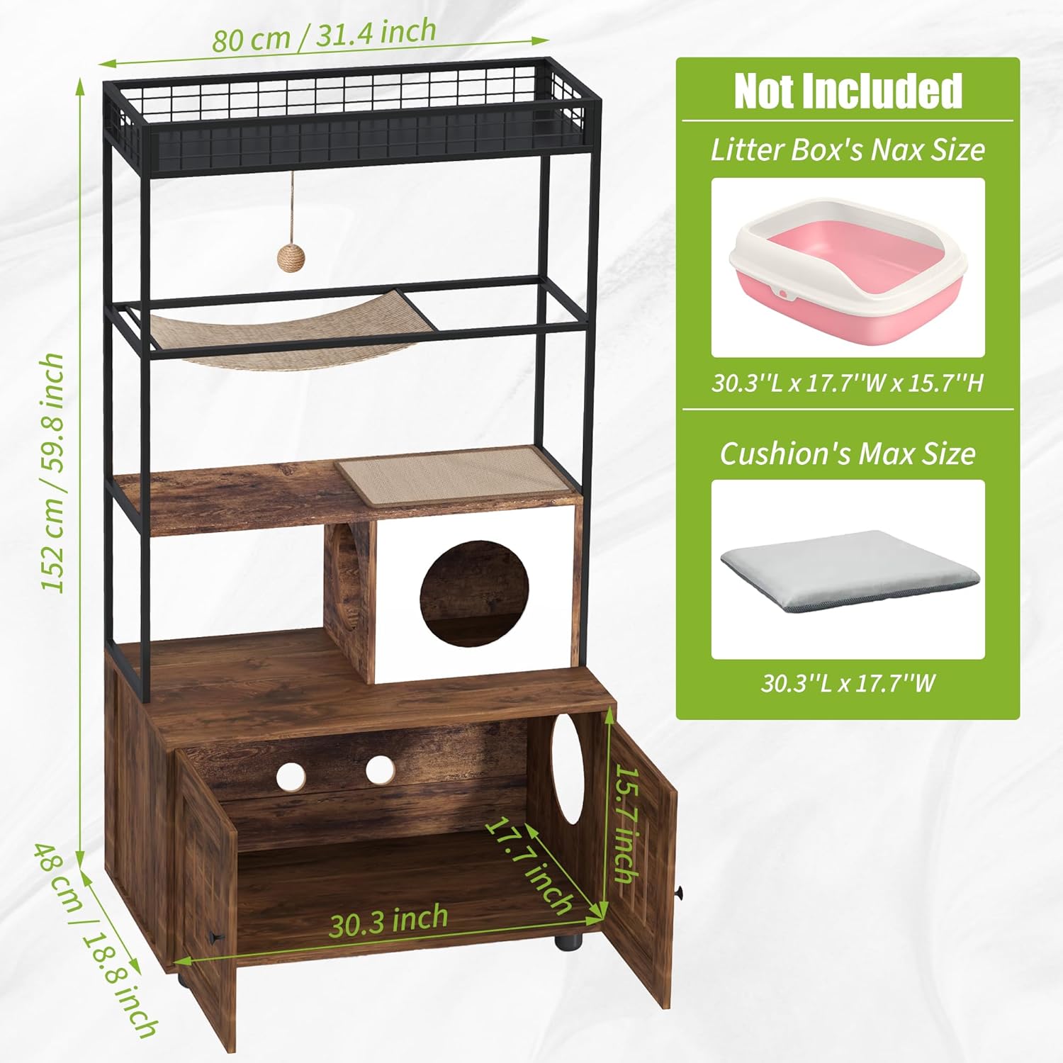 IDEALHOUSE 60" Cat Litter Box Furniture Cabinet with Condo, Brown Cat House with Storage Shelf, Sisal Hammock, Hanging Play Ball and Reversible Entry Door, Hidden Litter Enclosure for Indoor Cats