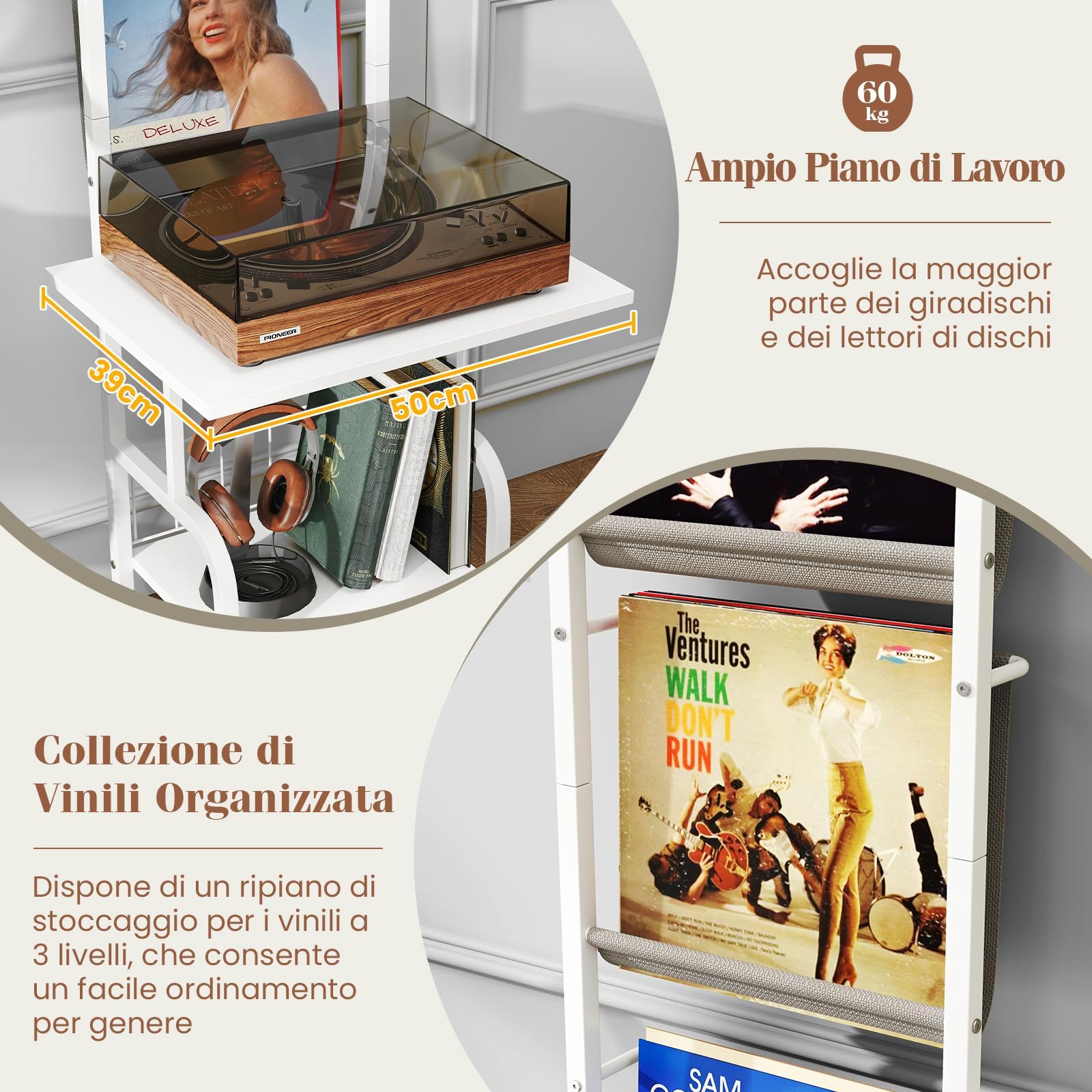 RELAX4LIFE Supporto per Giradischi, Scaffale Esposizione Vinili a 5 Livelli, Telaio in Metallo, Supporto per Giradischi con Porta Vinili, 50 x 51 x 145 cm (Bianco)