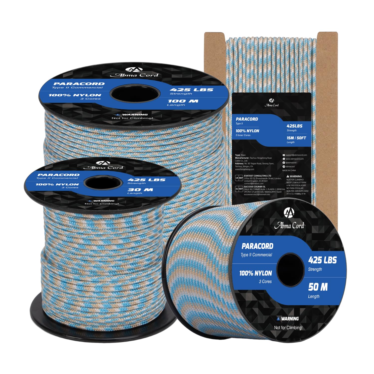 Abma Cord Paracord 3mm 15m 100% Nylon Rope Type II 3 Strands Parachute Cord - Max. 192kg (425lbs) - Carolina Beach