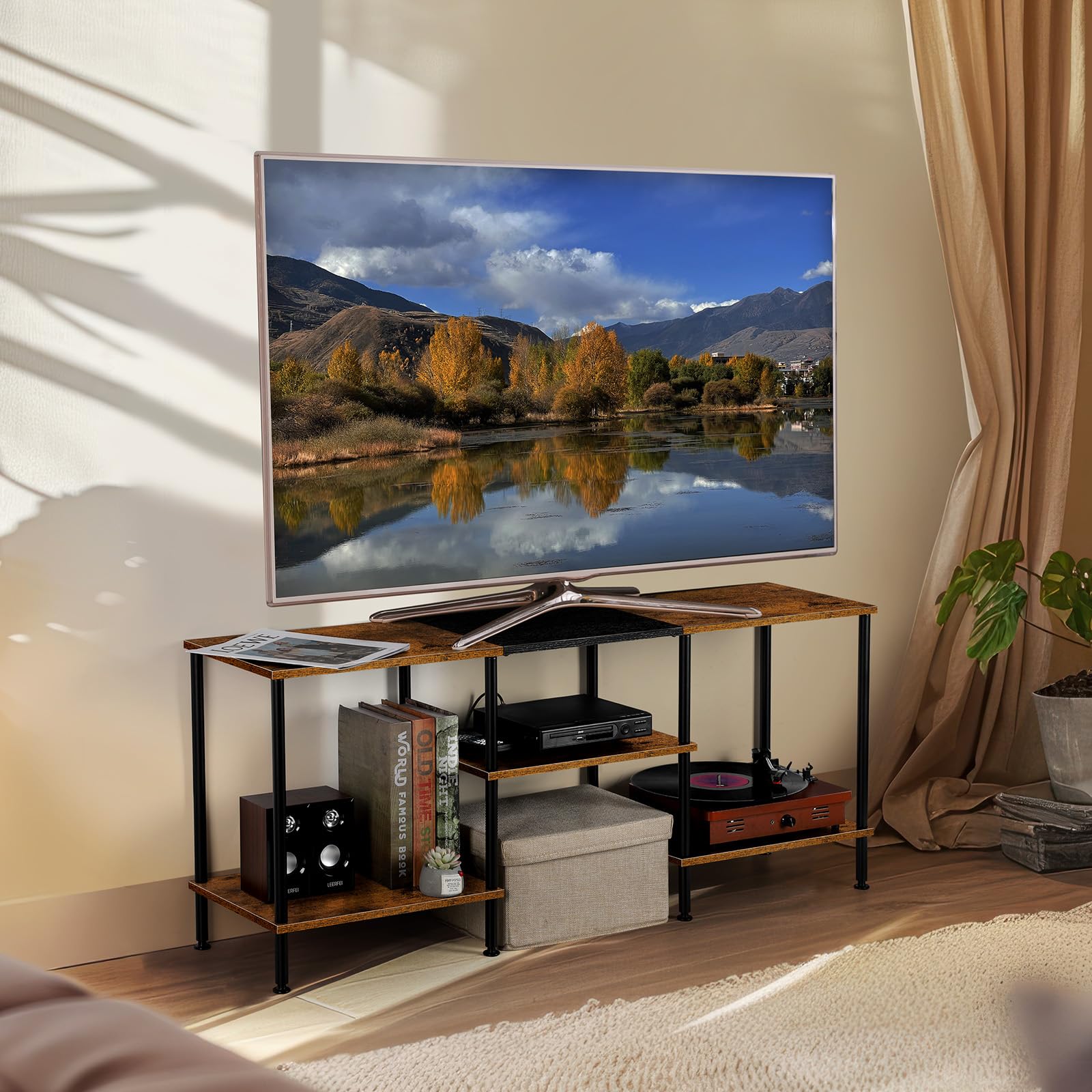 Soporte de TV para dormitorio de 50 pulgadas con toma de corriente, centro de entretenimiento de 3 niveles con almacenamiento para TV de 50, 43, 40, 32 pulgadas, marrón rústico 5