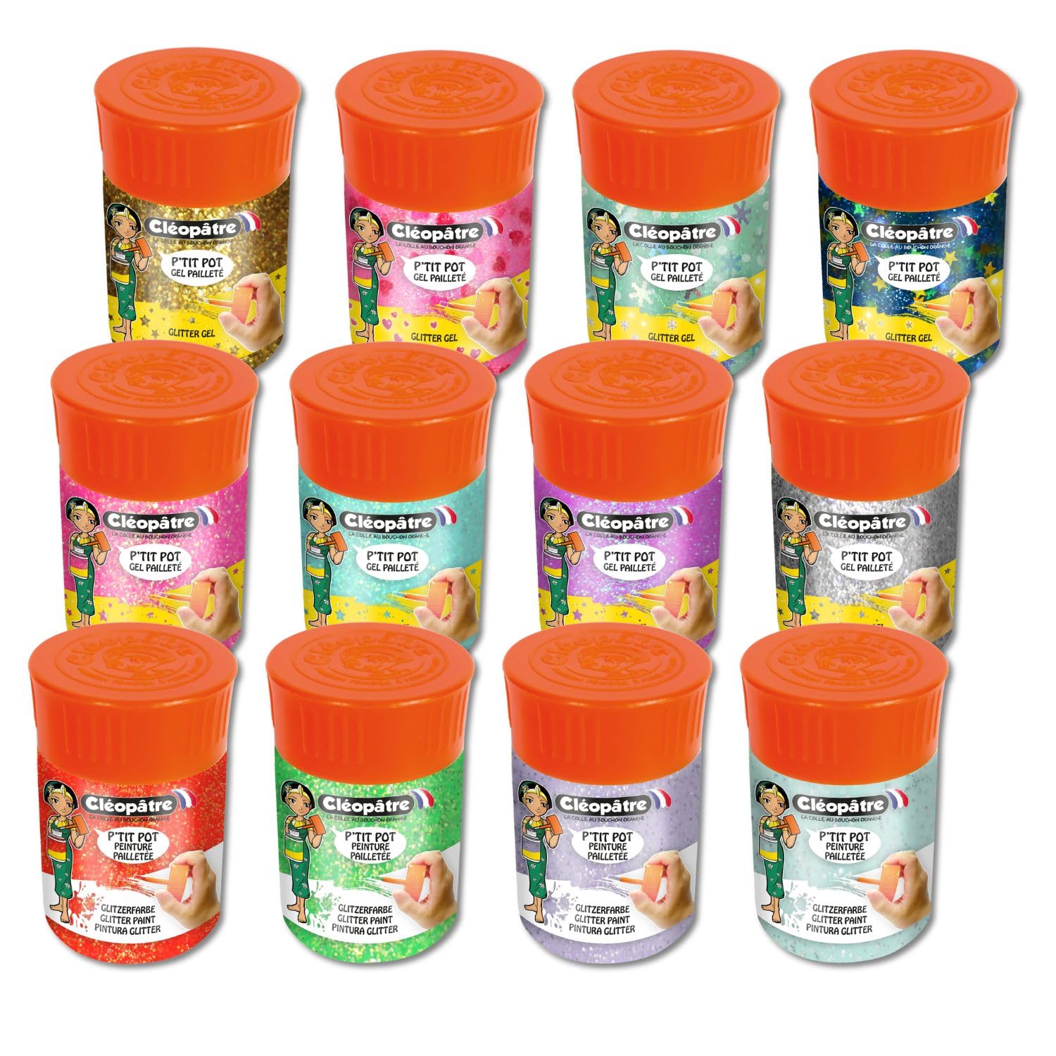 Gels et Peintures Pailletés CLEOPATRE - 12 Pots de 50ml avec Pinceau Intégré pour Enfants