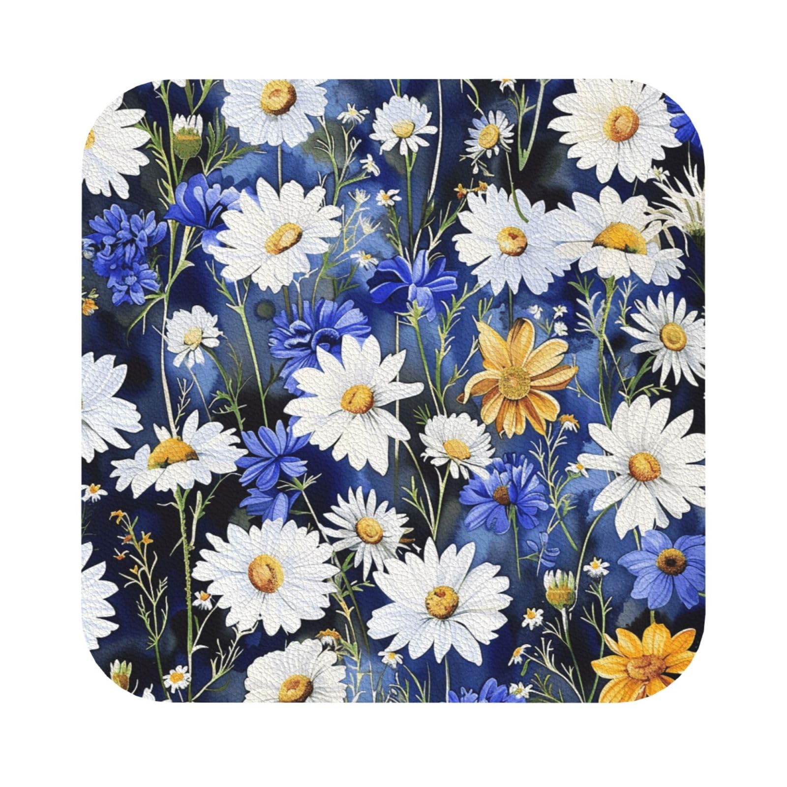 Wild Flowers and Cornflowers Daisies Print Leather Coaster Set of 6, Square Coasters Table Decorative Coffee Cup Beverage Coasters Wine Beer Bar Coasters for Hot Drinks Table Protection