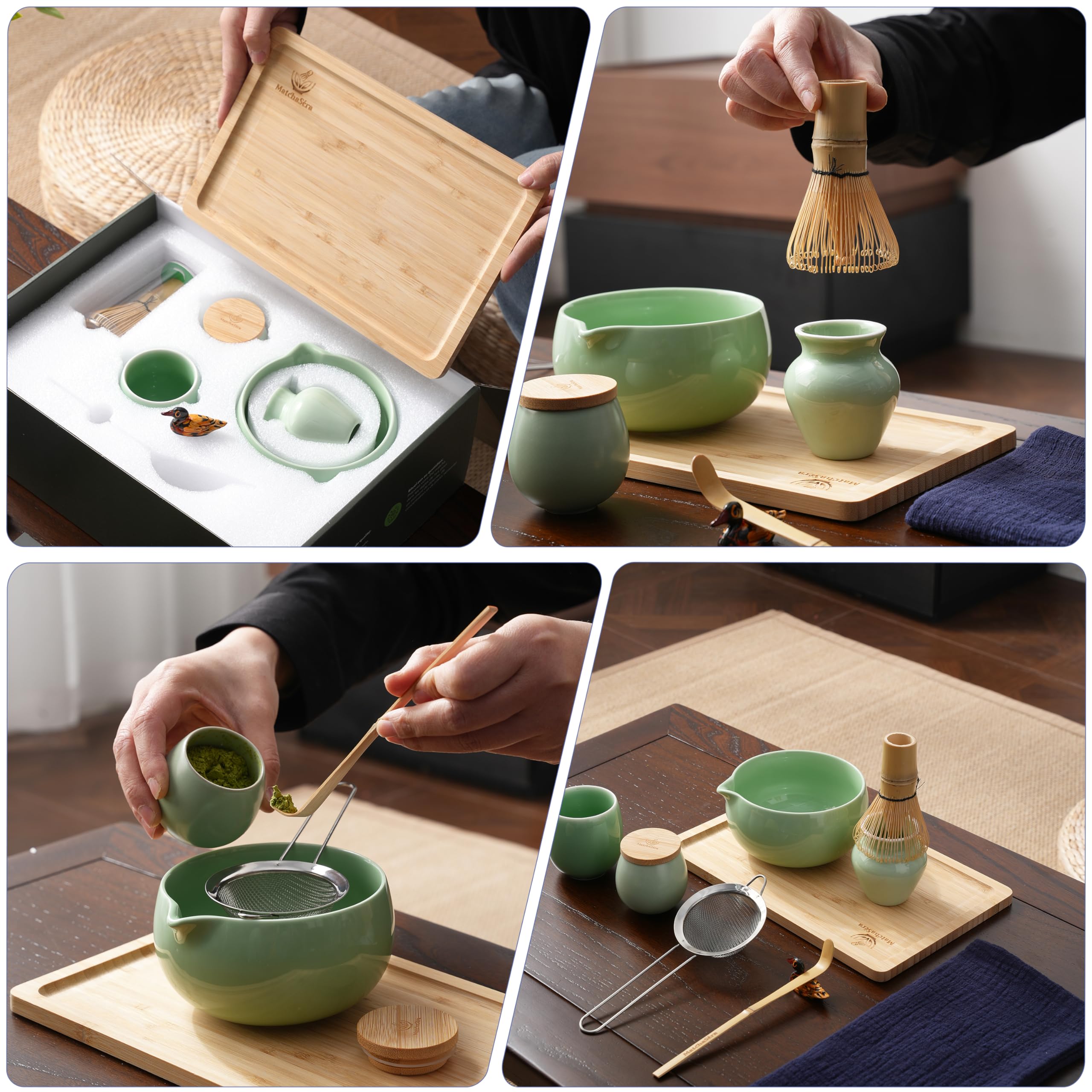 Kit Matcha, Ensemble complet de 10 pièces avec plateau, bol de Matcha japonais, fouet en bambou, support pour fouet, tamis, serviette à thé, récipient à thé, tasse de thé