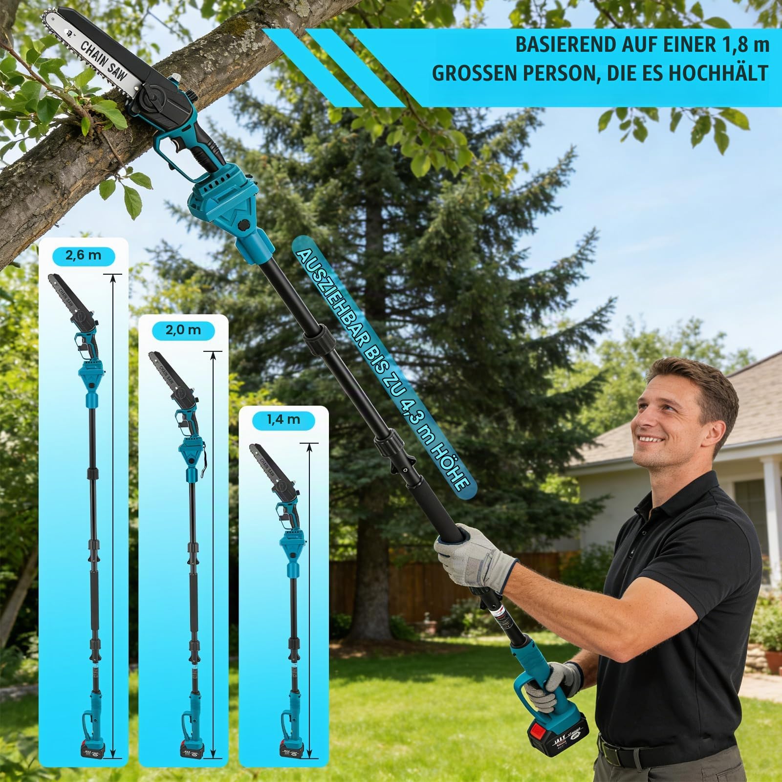 2-in-1 Akku-Kettensäge mit Teleskopstange, 8 Zoll (20 cm) Mini-Kettensäge, Teleskop Elektrische Astsäge, Kabellos & Bürstenlos, Maximale Arbeitshöhe 4,5 m für Baum und Astschnitt
