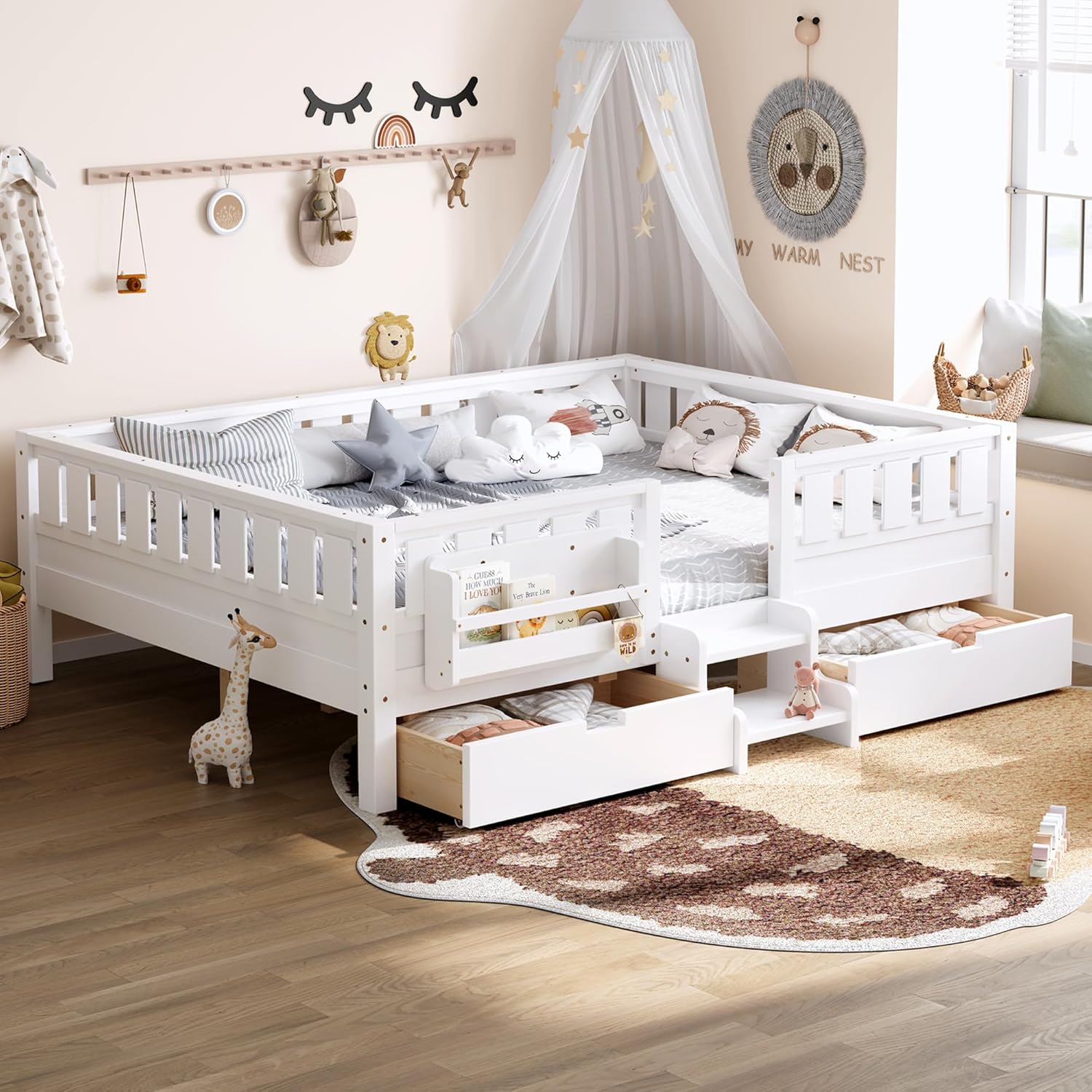 Bellemave Queen Size Bed with Slats and Stairs, Queen Size Platform Bed Frame with Fence, Bookshelf and Storage Drawers, Easy Assemble Beds for Girls, Boys, White