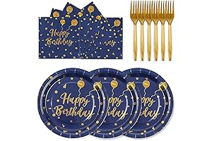 Premium 75 Pieces Birthday Party Tableware Set with Navy and Gold Theme