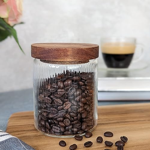 Miniatura 7 de Mason & Fable Recipiente o frasco de vidrio acanalado con tapa de madera hermética, tarro de almacenamiento acanalado para galletas, pasta o azúcar,