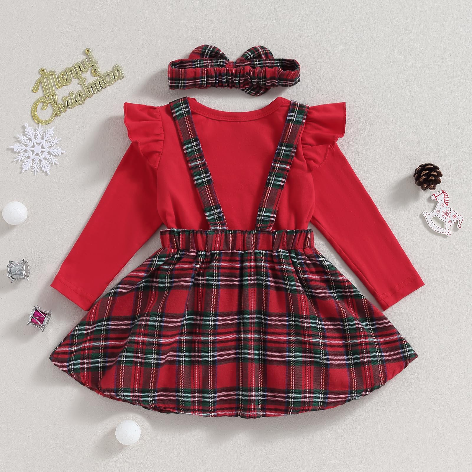 3 Pezzi Completo Pagliaccetto Girocollo a Manica Lunga a Stampa Alce Gonna Scozzese per Invernale Tuta Vestitino Natale Neonata Elegante Principessa Rosso