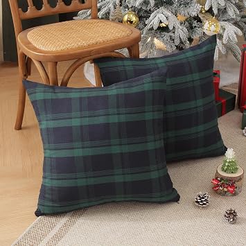 ZIQINPSQ Blue Green Plaid Throw Pillow Covers, Set of 2 Classic Tartan Decorative Cushion Cases, Farmhouse Holiday Christmas Home Decor for Couch Sofa Living Room Bedroom - 22x22 Inch