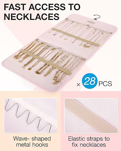 Miniatura 35 de BAGSMART Organizador de collares colgantes, rollo de almacenamiento con ganchos de metal, organizador de joyas de doble cara para collares, pulseras