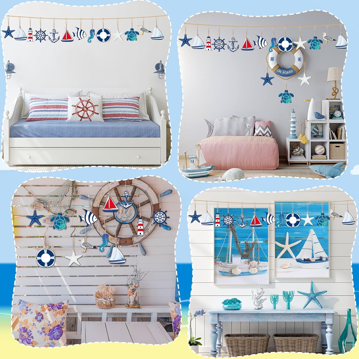 Tradder 36 Pcs Beach Wooden Ornaments for Tree Nautical Hanging Decorations Wood Beach Tree Ornaments Mini Anchor Sea Life Starfish Sailboat Coastal Decor for Summer Home Fishing Net Craft Sailor Gift - Image 7