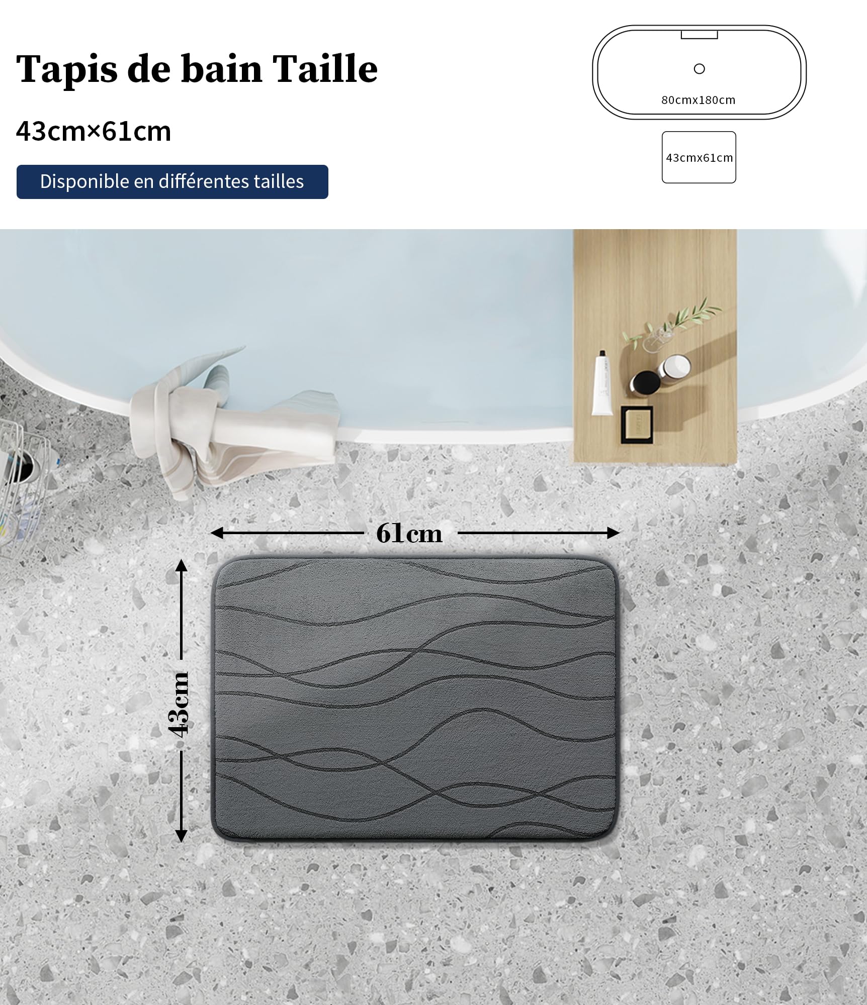 chakme Tapis de Bain en Mousse à mémoire de Forme, Tapis Salle de Bain Absorbant, Tapis de Douche Antidérapant pour la Salle de Bain et Les WC, 43 x 61 cm, Gris foncé