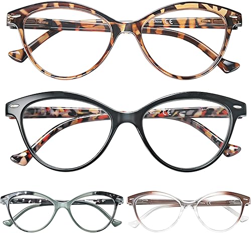 HEEYYOK 3.25 - Lentes de lectura para mujer con cara pequeña, diseño de ojo de gato, paquete de 4, lentes de lectura con bisagra de resorte