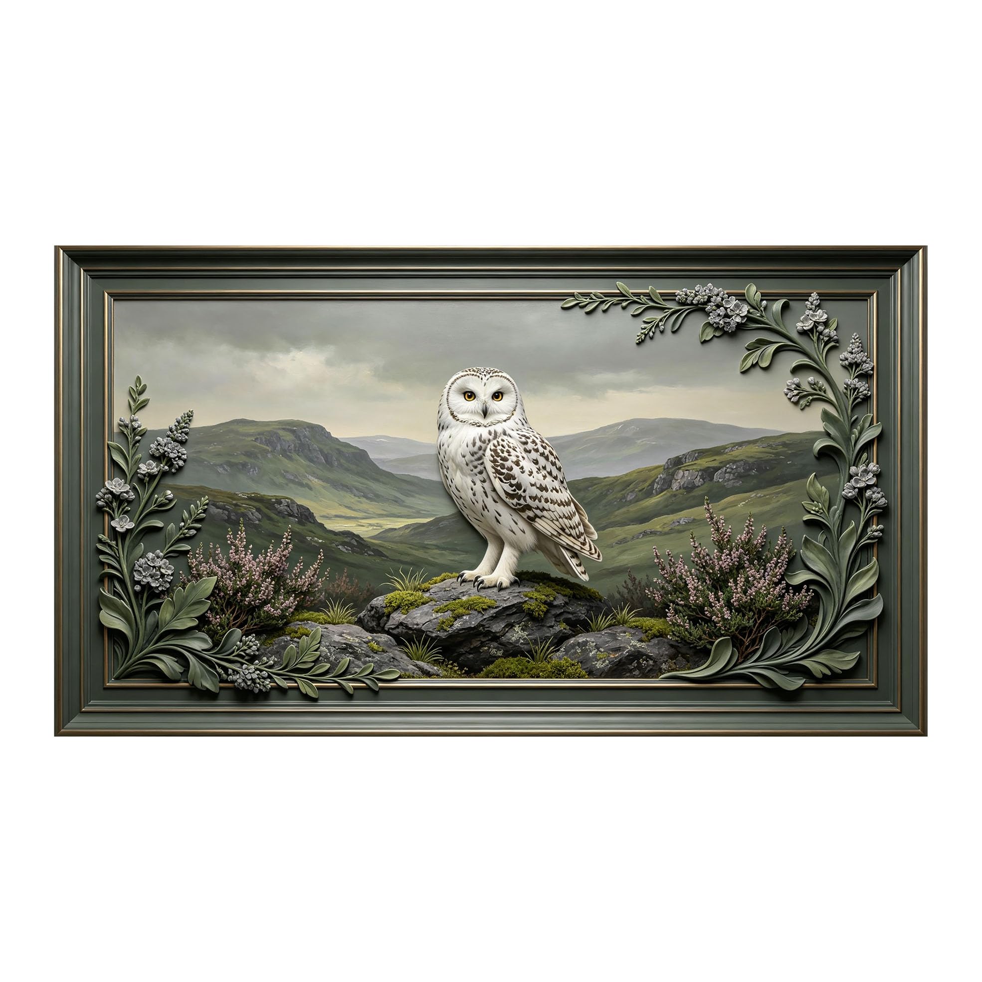 Murasolite 3D 3D Framed Wall Art 50cm×90cm Snowy Owl Mountain Landscape Oil Painting SelfAdhesive Fabric Mural Wall Decor, Peel and Stick No Damage to Wall for Bedroom Living Room