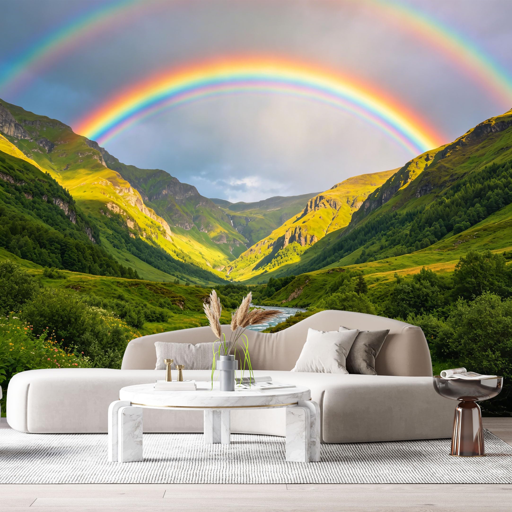 Custom Size Wall Murals Rainbow Valley Landscape Mountain Stream Watercolor SelfAdhesive Wall Fabric Removable Large Wallpaper for Photo Living Room