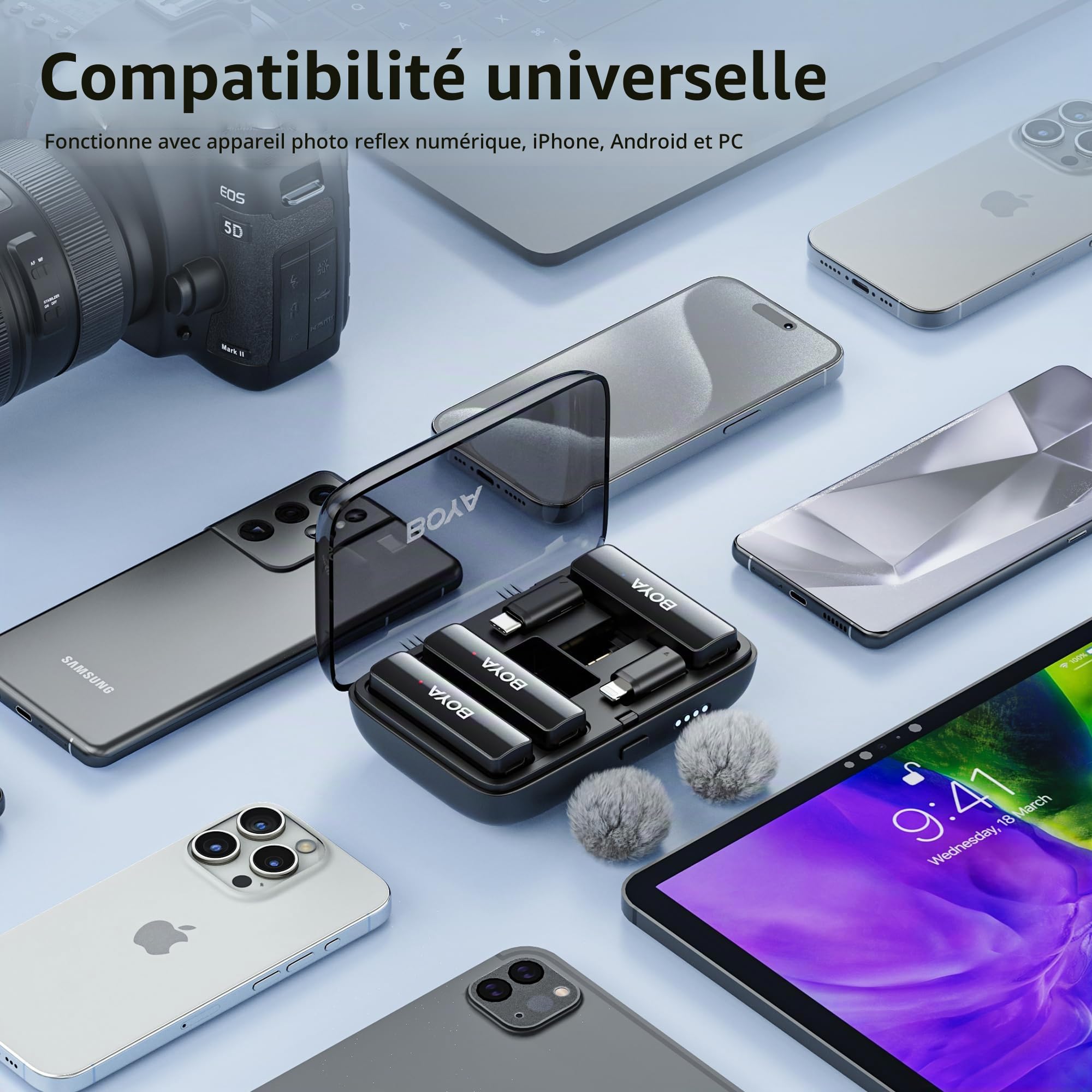BOYA BOYALINK Microphone Cravate sans Fil pour vlogging, système de Microphone à Revers Double Canal pour Smartphones, Appareil Photo Reflex numérique, tablettes, pour vidéo Youtube, Livestream