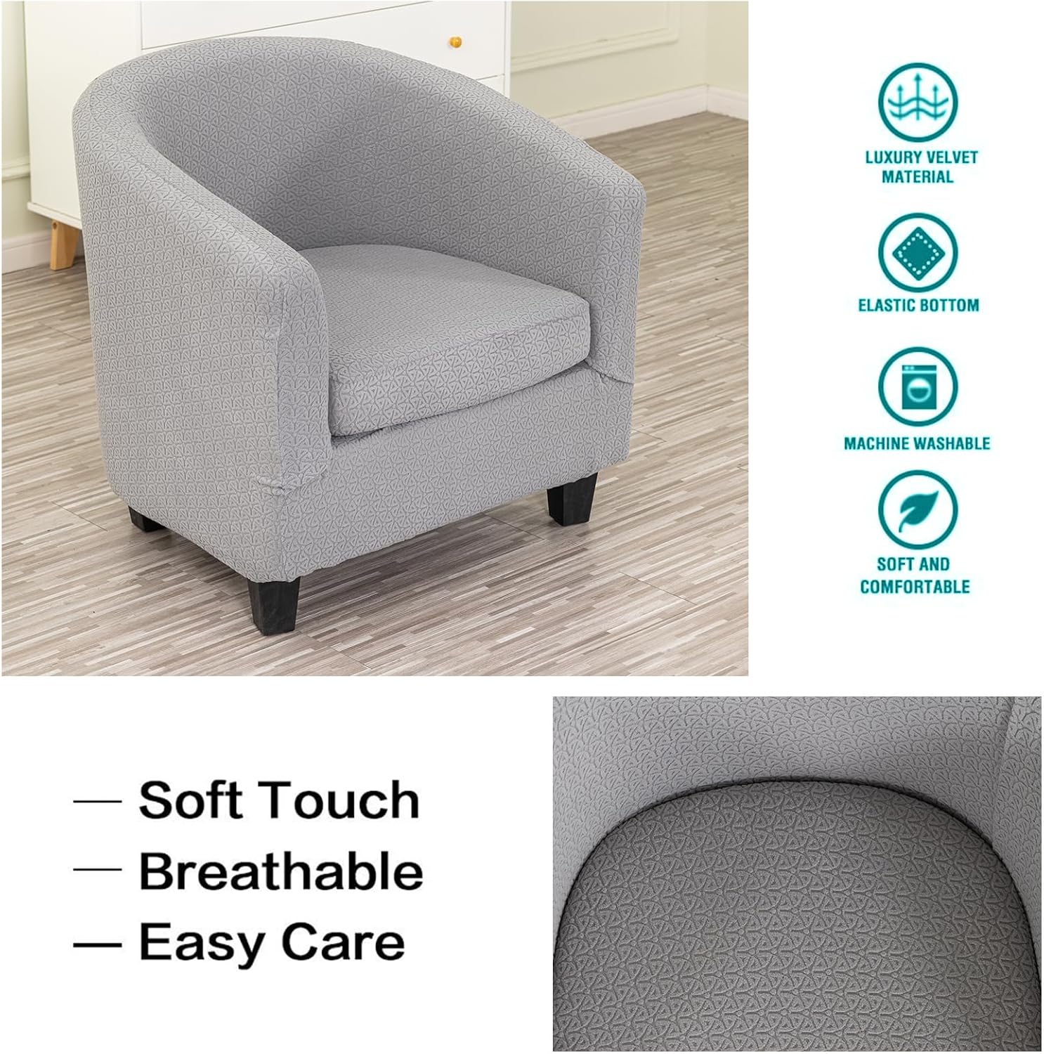 NILUOH Stretch Club Chair Slipcover 2-Piece Set for Barrel & Tub Chairs, Soft Armchair Cover - Removable Washable Furniture Protector, Living Room Armchair Cover,Light Grey