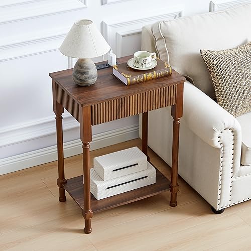 Miniatura 17 de Juego de 2 mesas auxiliares estriadas con estación de carga, mesa auxiliar moderna de mediados de siglo con almacenamiento de cajones, mesitas de 2