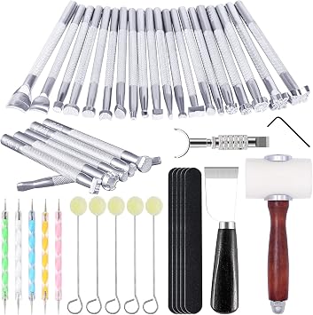 Leather Stamping Tools, Leather Carving Tool Kit, Saddle Making Tools Set | Swivel Knife, Leather Working Hammer, Cutting Knife, Wool Daubers, Frosted Strip for Leather Stamping, Carving
