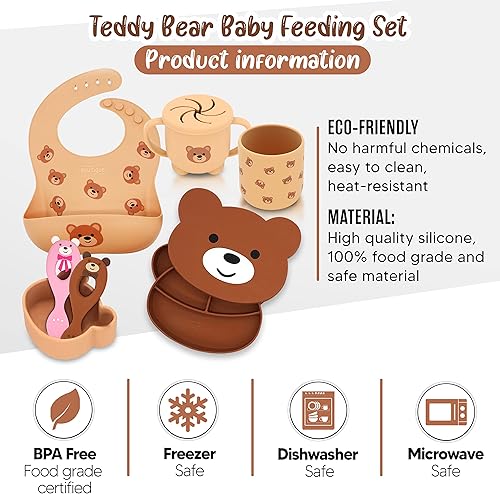 Miniatura 5 de Baby Led Weaning Supplies - Juego de 7 piezas de oso de peluche de silicona para bebés: cuenco de succión, utensilios para bebés, plato, babero,