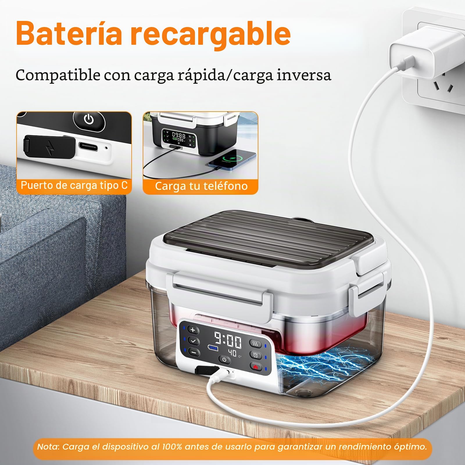 Fiambrera Eléctrica Inalámbrica, Taper Electrico para Comida con Calentamiento Programado, Para Oficina, Obra, Cámping, Coche, Lunch Box Adultos de 1,5 L| Fiambreras Comida Trabajo con batería