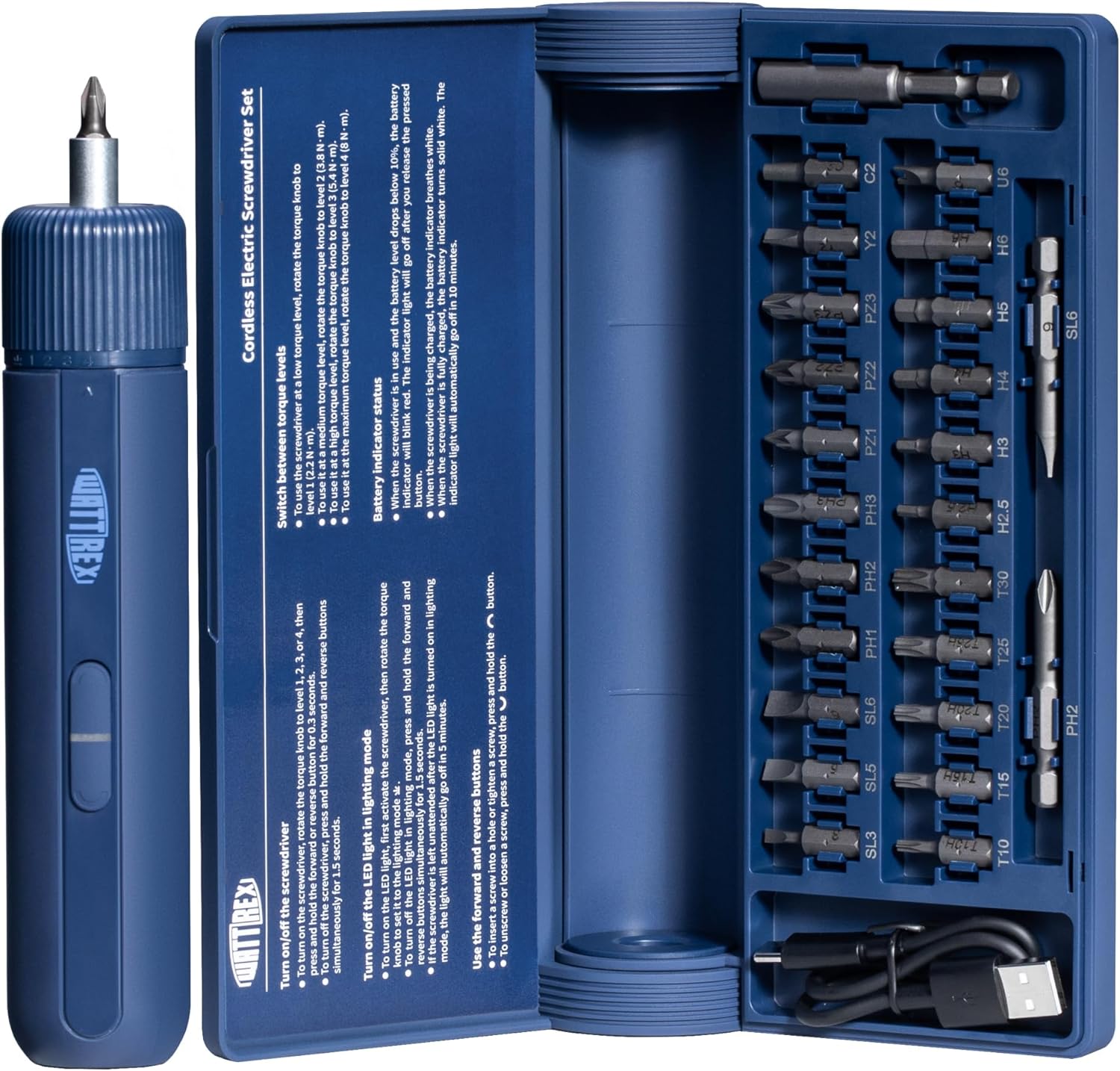 4V Cordless Electric Screwdriver Set with 4 Torque Settings, 24 S2 Bits, 12 N·m Max Manual Torque, LED Light, Forward/Reverse, for DIY, Furniture Assembly, Electronics & Home Repair, Navy