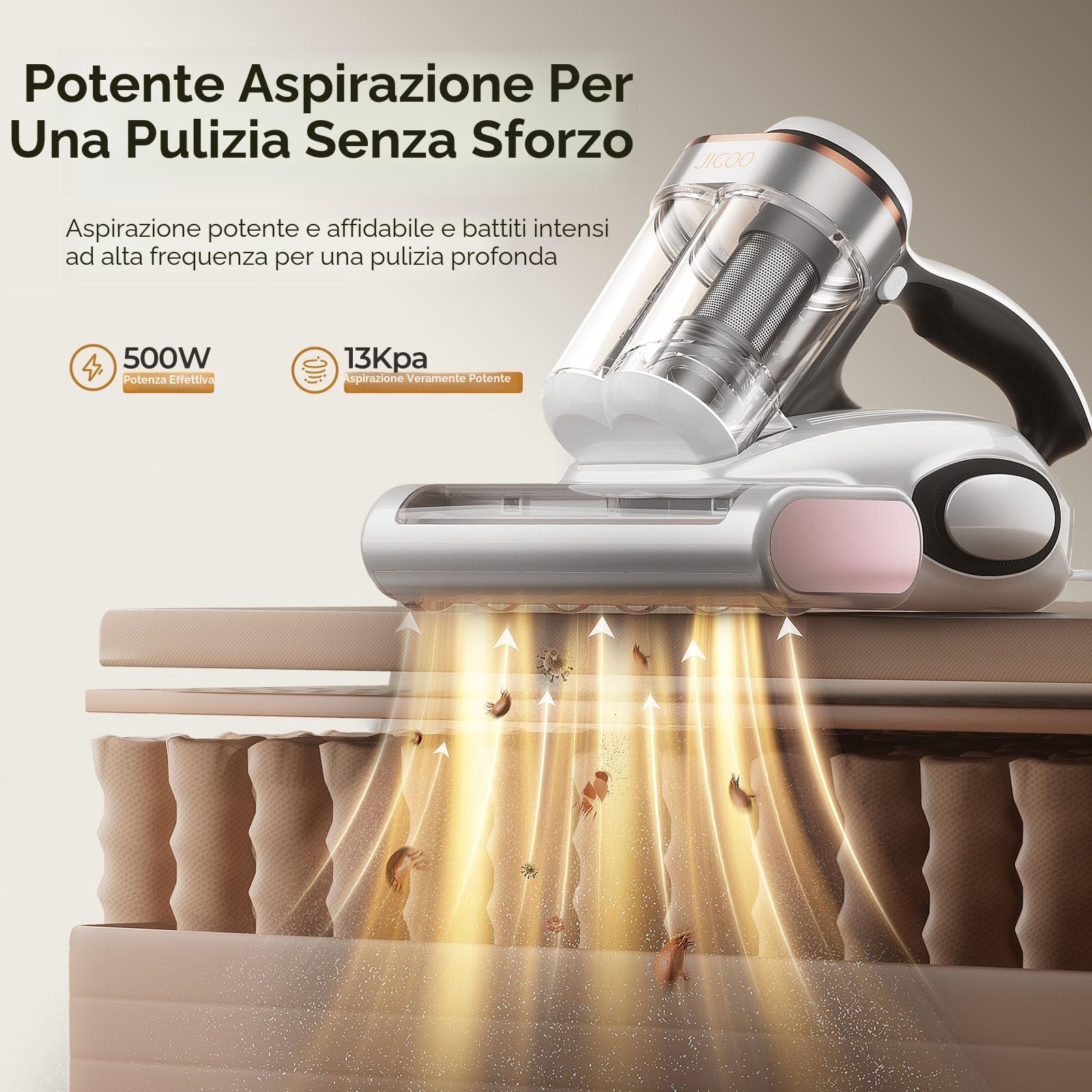 JIGOO J300 Battimaterasso,500W Aspiratore portatile intelligente per materassi, Aspirapolvere antiacaro con luce UV, rimuove il 99,9% degli allergeni, per materassi, letti, divani e mobili imbottiti