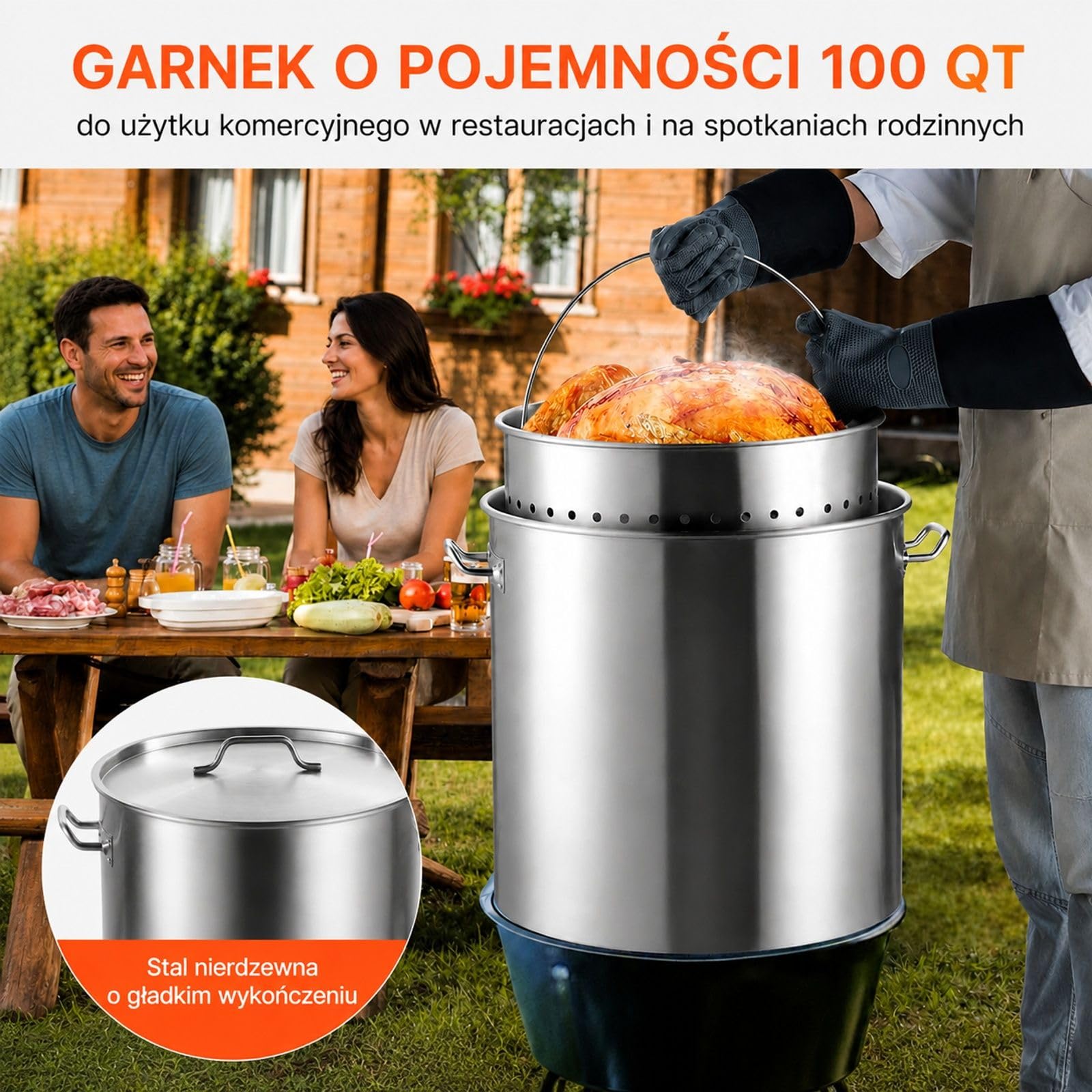 Garnek ze stali nierdzewnej 94,6 l z perforowanym koszem, pokrywką i uchwytami do gotowania i pary