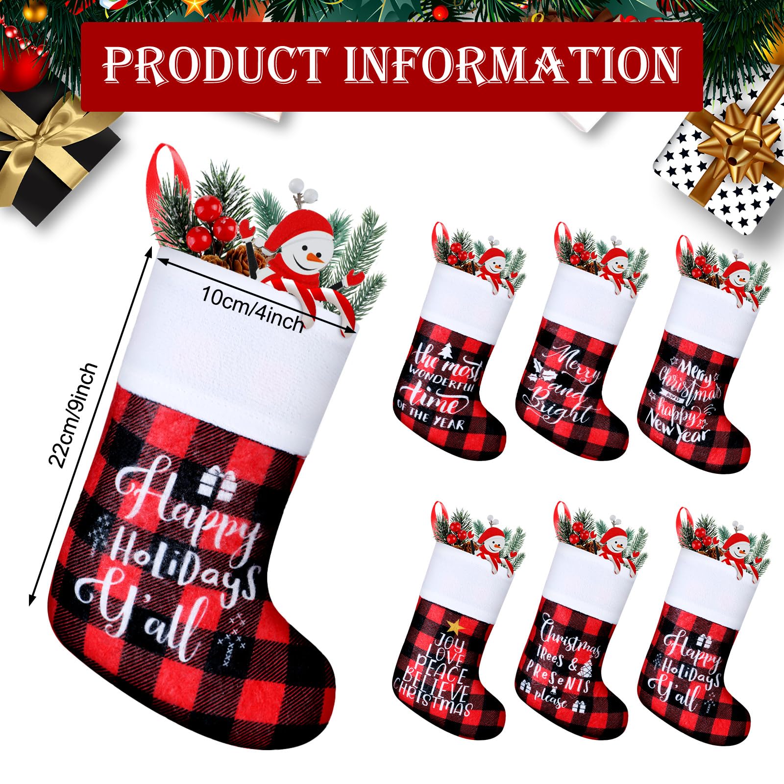 Skylety Chaussettes de Noël classiques en vrac avec revers en peluche pour décoration de fête de Noël (rouge et noir, mot)