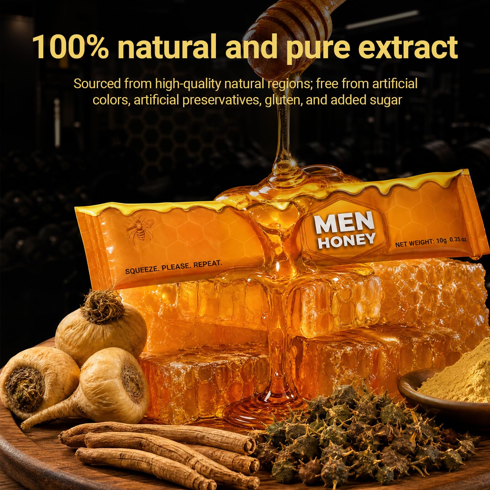 Männer Honig Sachets |Premium Kräuterhonig für aktive Männer | Natürlicher Honig mit Maca,Gelee Royale, Ginseng,L-Arginin & Zink - 24 x 10g Einzelpackungen - 240g