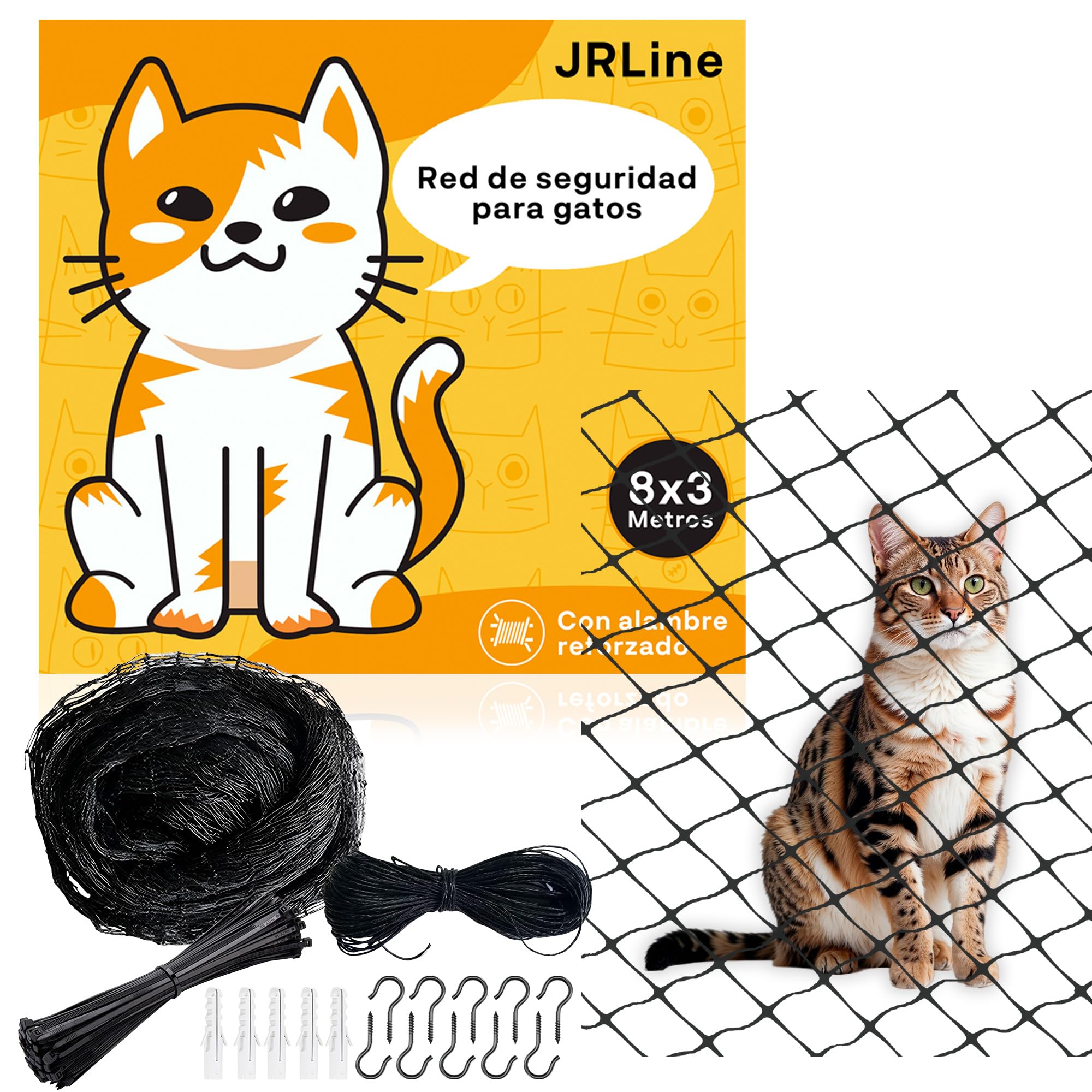 JRLine Red para Gatos Reforzada con Alambre - 8x3m - Kit de Instalación y Reparación - Redes de Protección para Gatos Ventanas - Red para Gatos Terraza - Malla para Gatos Protectora Balcón