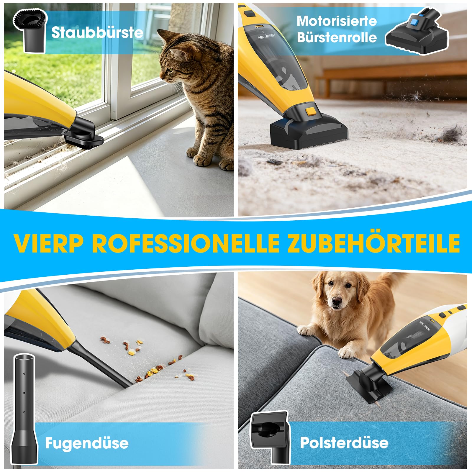 Kabelloser Tierhaar Handstaubsauger mit Doppelmotor, HEPA Filter | Anti-Haar-Verwicklung Bürstenrolle, Elektrobürste und Haustier Zubehör für Hundehaare, Katzenhaare, Sofa & Auto