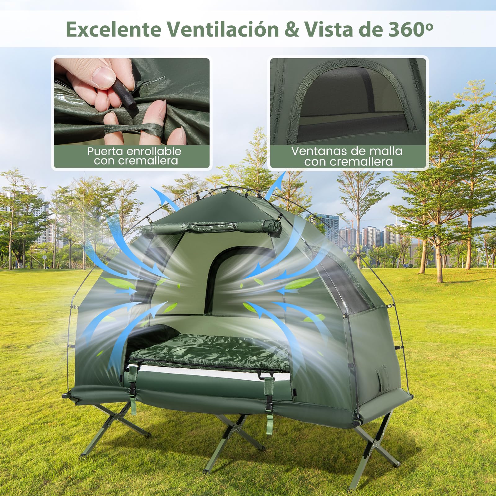 COSTWAY Tienda de Campaña para 1/2 Persona, 5 en 1 Tienda Camping con Cama Plegable Camping, Colchón de Aire, Almohada, Saco de Dormir, Tienda Iglú Impermeable Bolda de Transporte